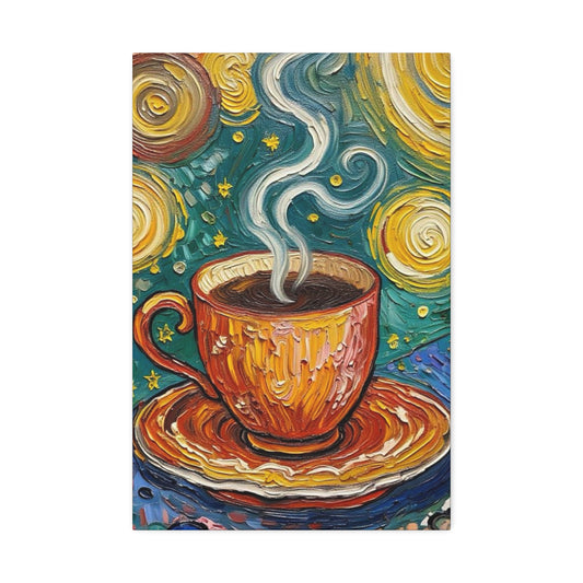 Canvas Wall Art - Colorful Coffee Cup - Artistic Painterly Style - Impasto Design Print - 'Starry Brew'