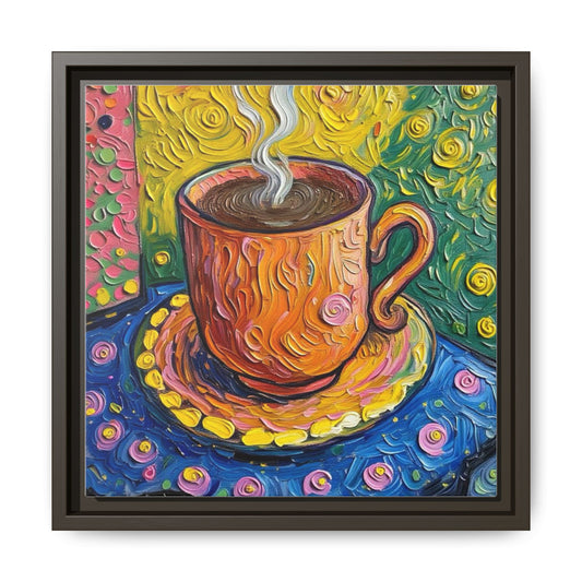 Framed Matte Canvas Art - Colorful Whimsical Coffee Cup Painting
