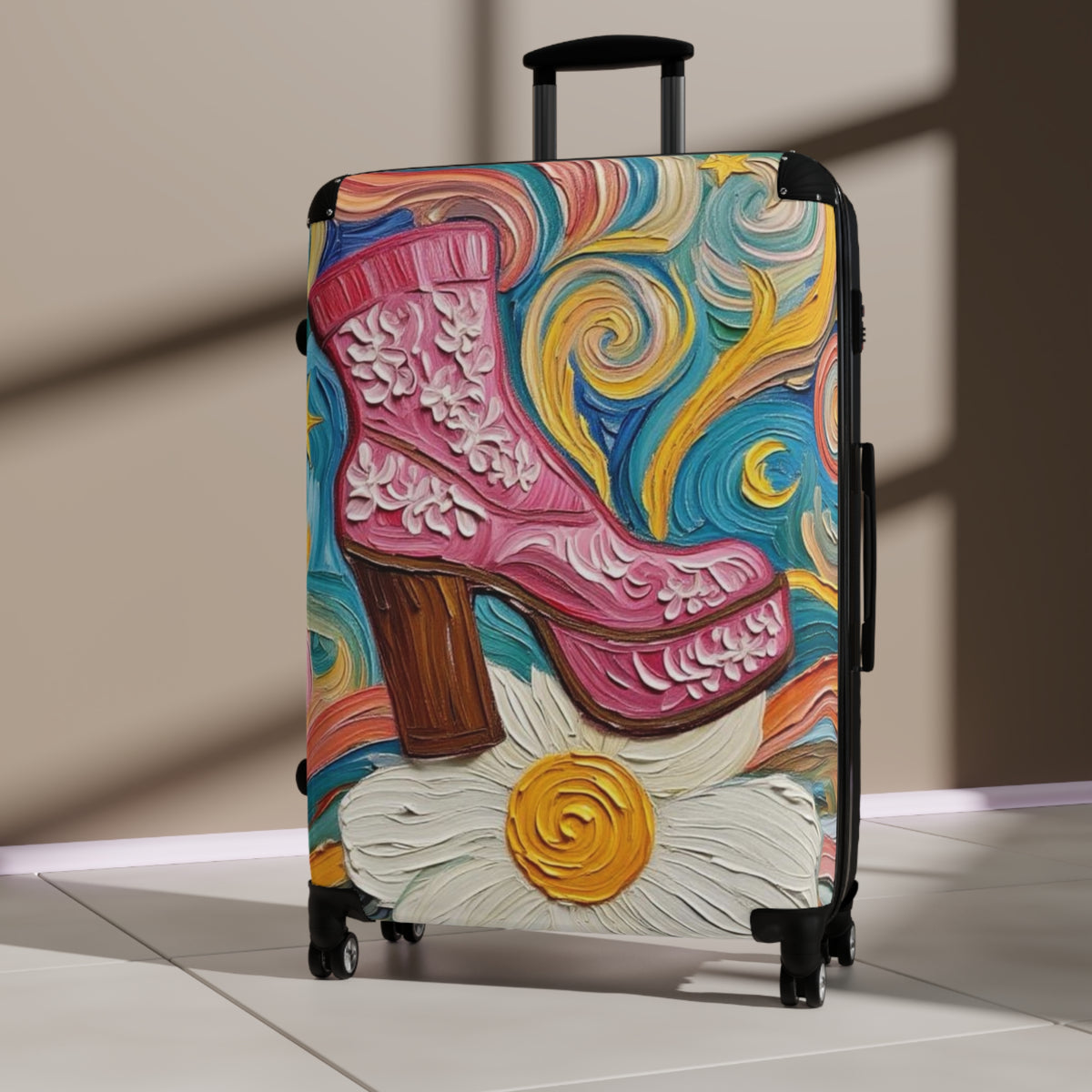 Luggage - Suitcases - Carry-on - Pink Platform Boot - Artistic Rolling Suitcase Painterly Style Artistic Rolling Suitcase - 'Dancin' on a Daisy