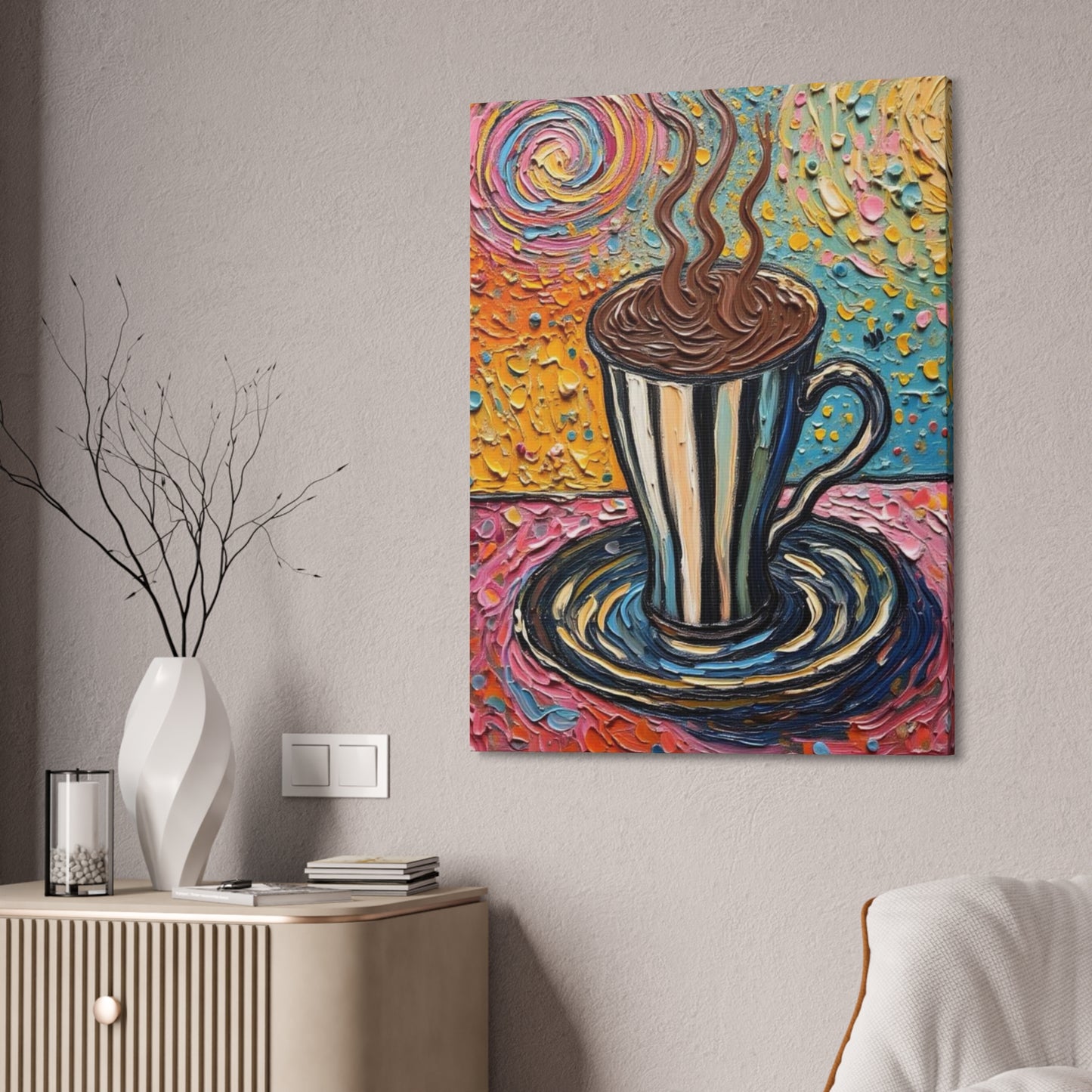 Canvas Wall Art - Colorful Coffee Cup - Artistic Painterly Style - Impasto Design Print - - 'Bold Beginnings'