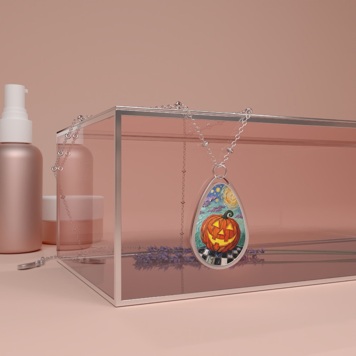 Halloween Pumpkin Oval Necklace - Artistic Jack-O'-Lantern Teardrop Artistic Pendant- 'Jack Under the Stars'