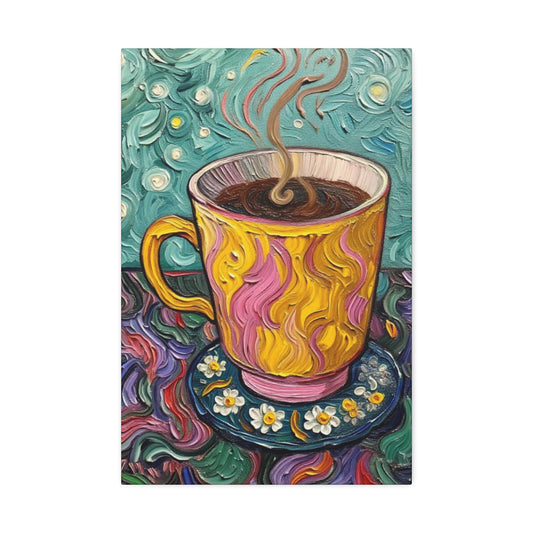 Canvas Wall Art - Colorful Coffee Cup - Artistic Painterly Style - Impasto Design Print - -'Painted Latte'