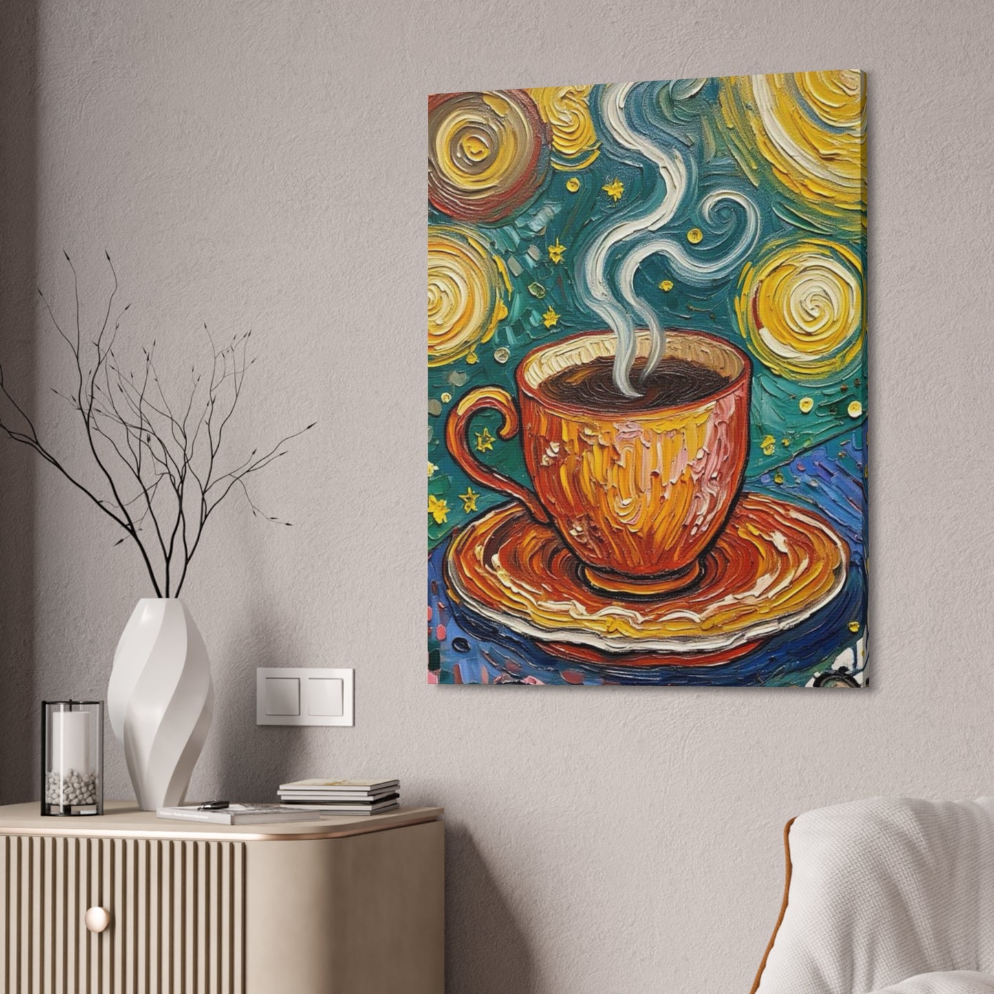 Canvas Wall Art - Colorful Coffee Cup - Artistic Painterly Style - Impasto Design Print - 'Starry Brew'