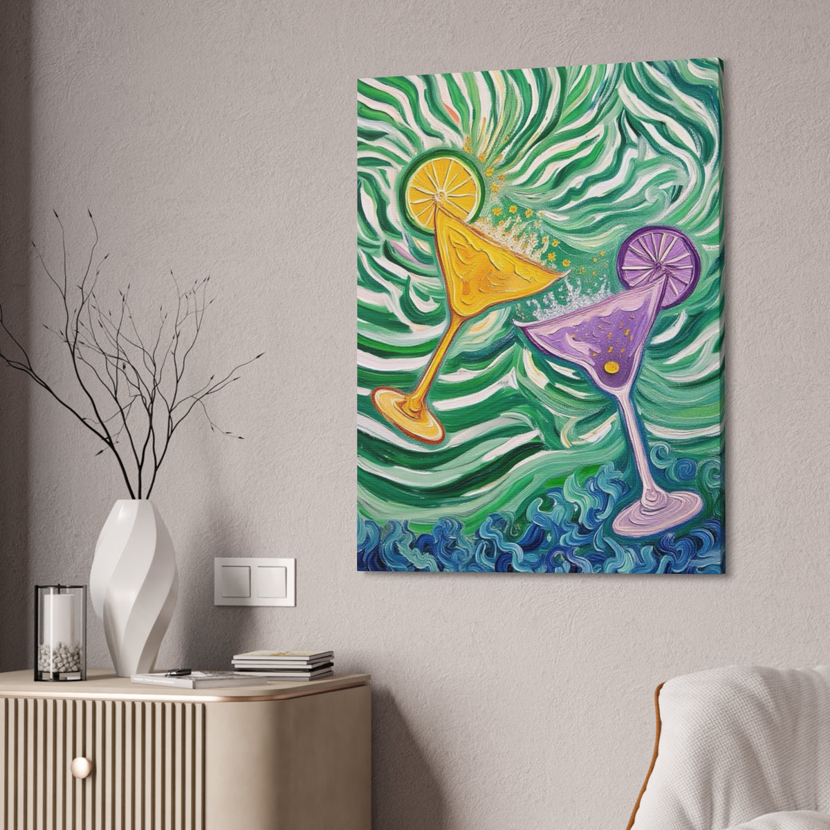 Canvas Wall Art - Yellow and Purple floating Cocktails - Artistic Painterly Style - Impasto Design Print - 'Green Rush'