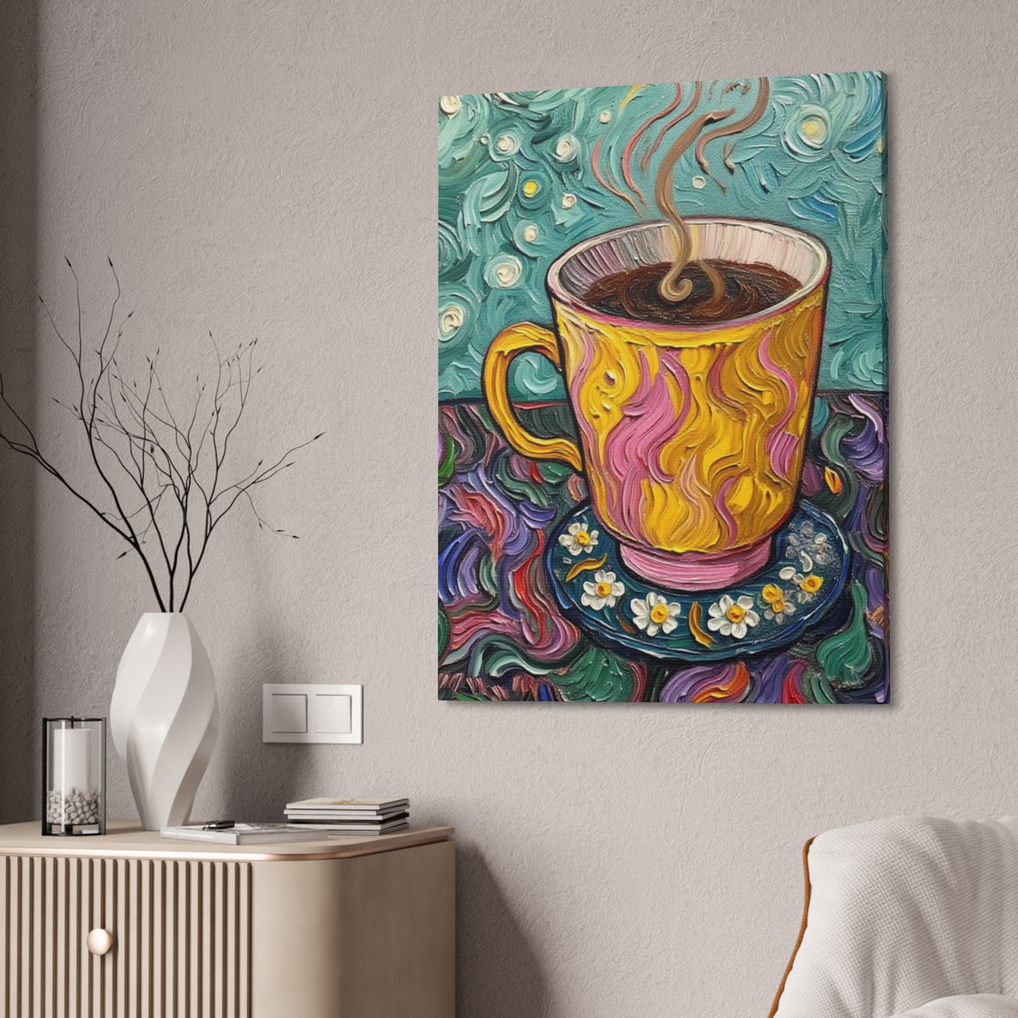 Canvas Wall Art - Colorful Coffee Cup - Artistic Painterly Style - Impasto Design Print - -'Painted Latte'