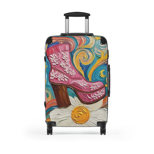 Luggage - Suitcases - Carry-on - Pink Platform Boot - Artistic Rolling Suitcase Painterly Style Artistic Rolling Suitcase - 'Dancin' on a Daisy