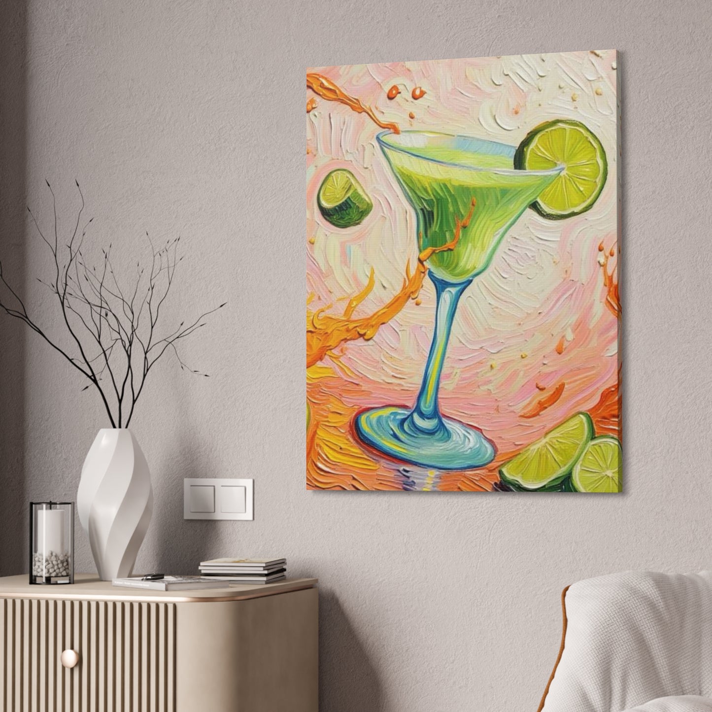 Canvas Wall Art - Green Refreshing Citrus Drink -Splashes of Orange - Artistic Painterly Style - Impasto Design Print - 'Citrus Splash'