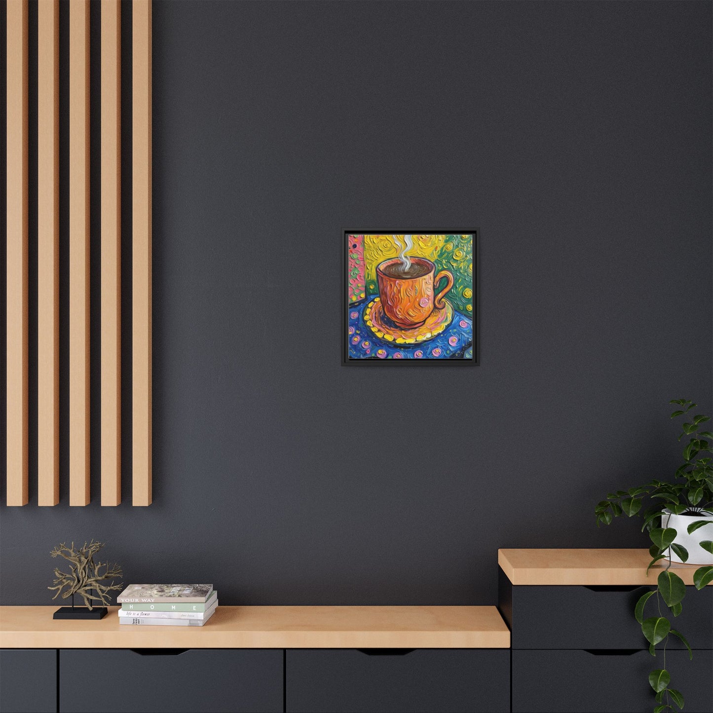 Framed Matte Canvas Art - Colorful Whimsical Coffee Cup Painting