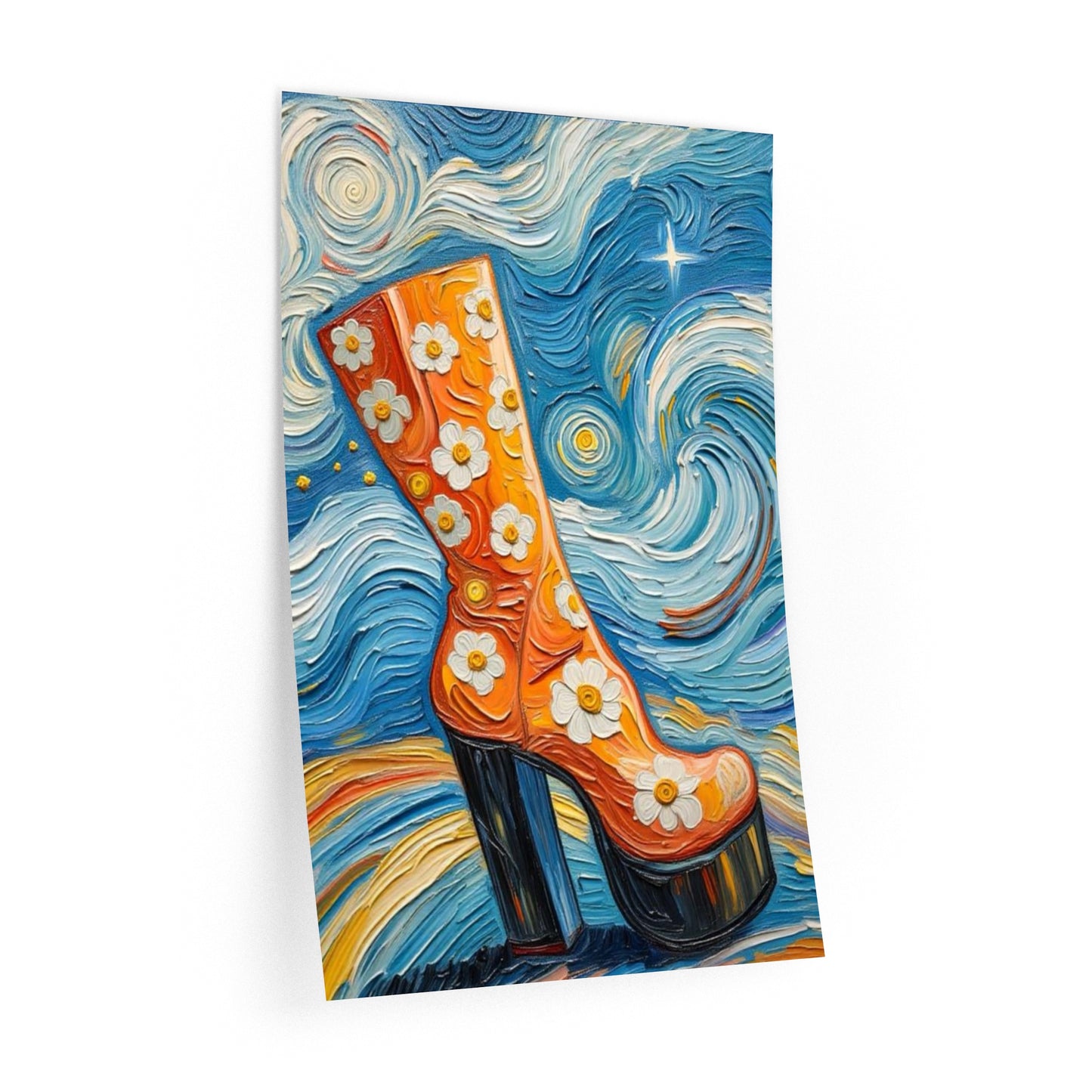 Wall Decal Art - Vibrant Orange Daisy Platform Boot - Artistic Retro Vivid Removable Wall Art - 'Dancing Princess'