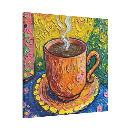 Canvas Wall Art - Colorful Coffee Cup - Artistic Painterly Style - Impasto Design Print - 'Cozy Sips'