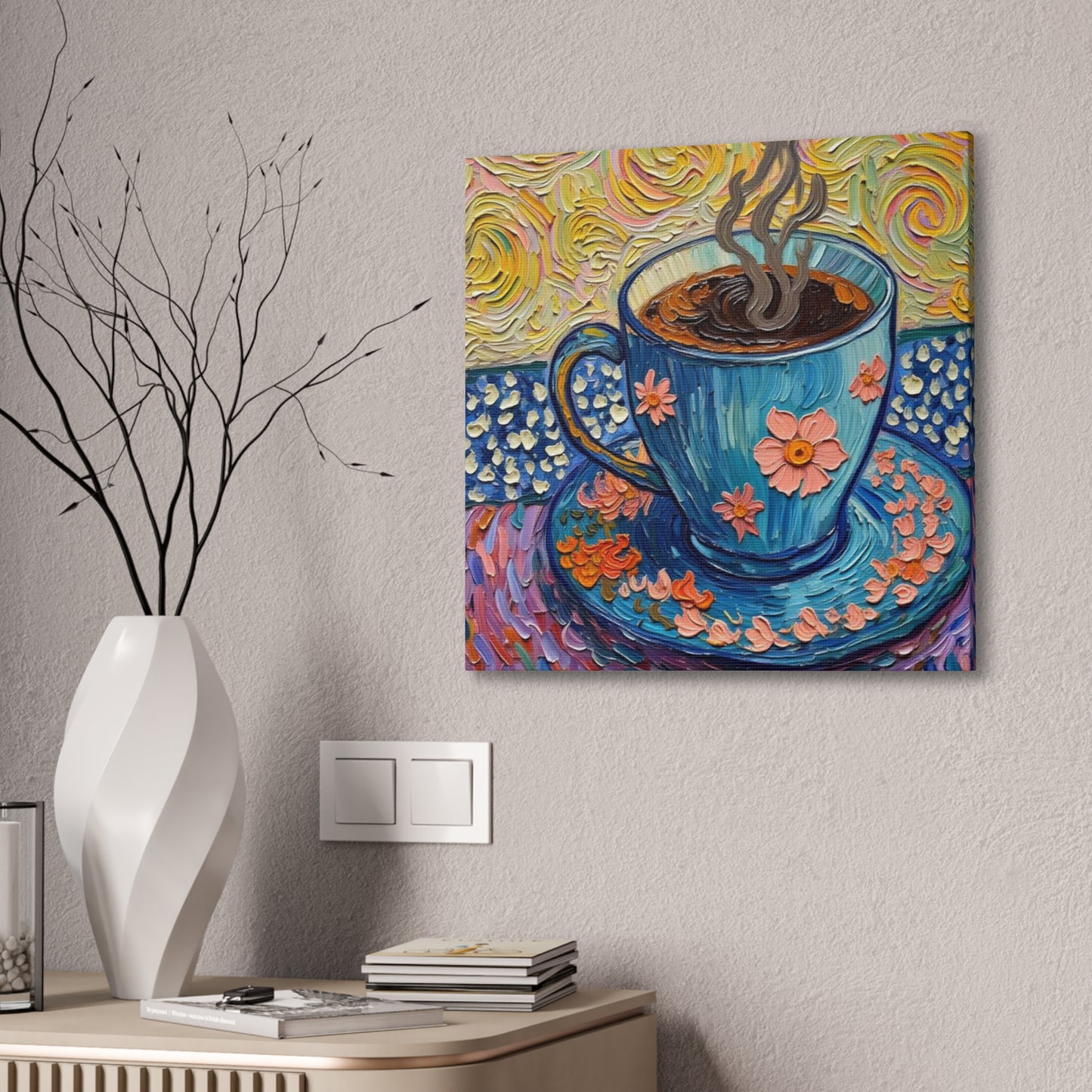 Canvas Wall Art - Colorful Coffee Cup - Artistic Painterly Style - Impasto Design Print - 'Creative Fuel'