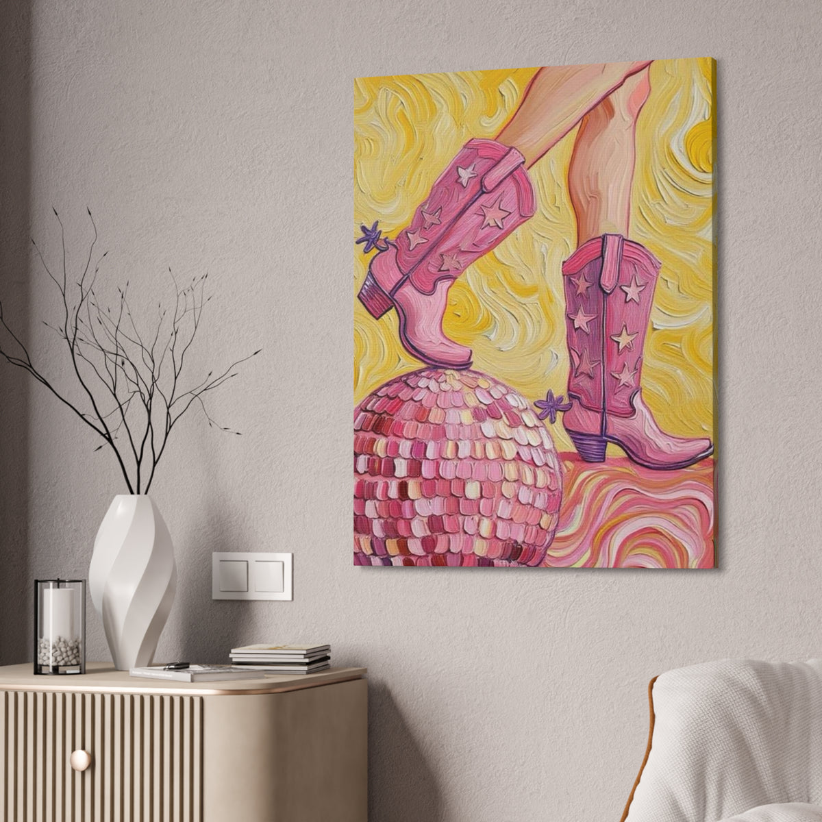 Canvas Wall Art - Pink Cowboy Boots - Disco Ball - Artistic Painterly Style - Impasto Design Print - 'Disco Cowgirl'