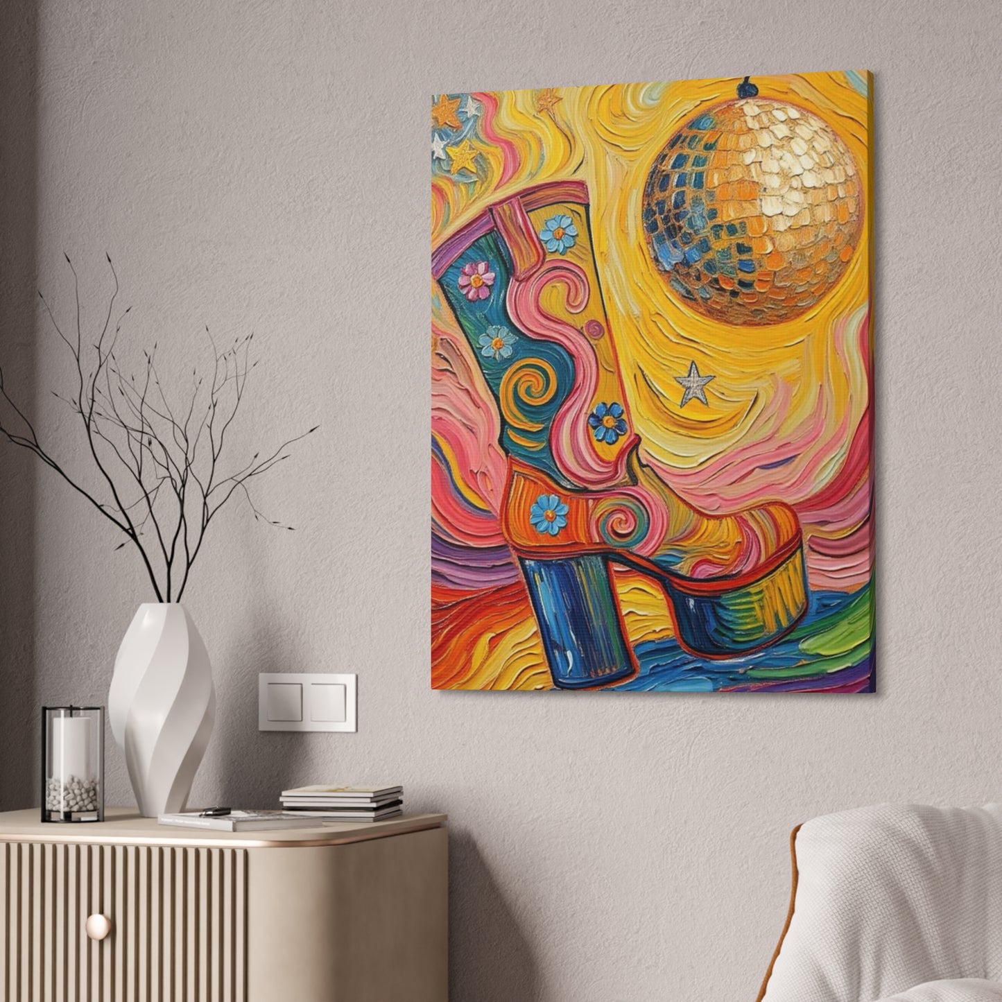 Canvas Wall Art - Colorful Retro Disco High Heel Platform Boot - Painterly Style Design - ' Boogie Nights'