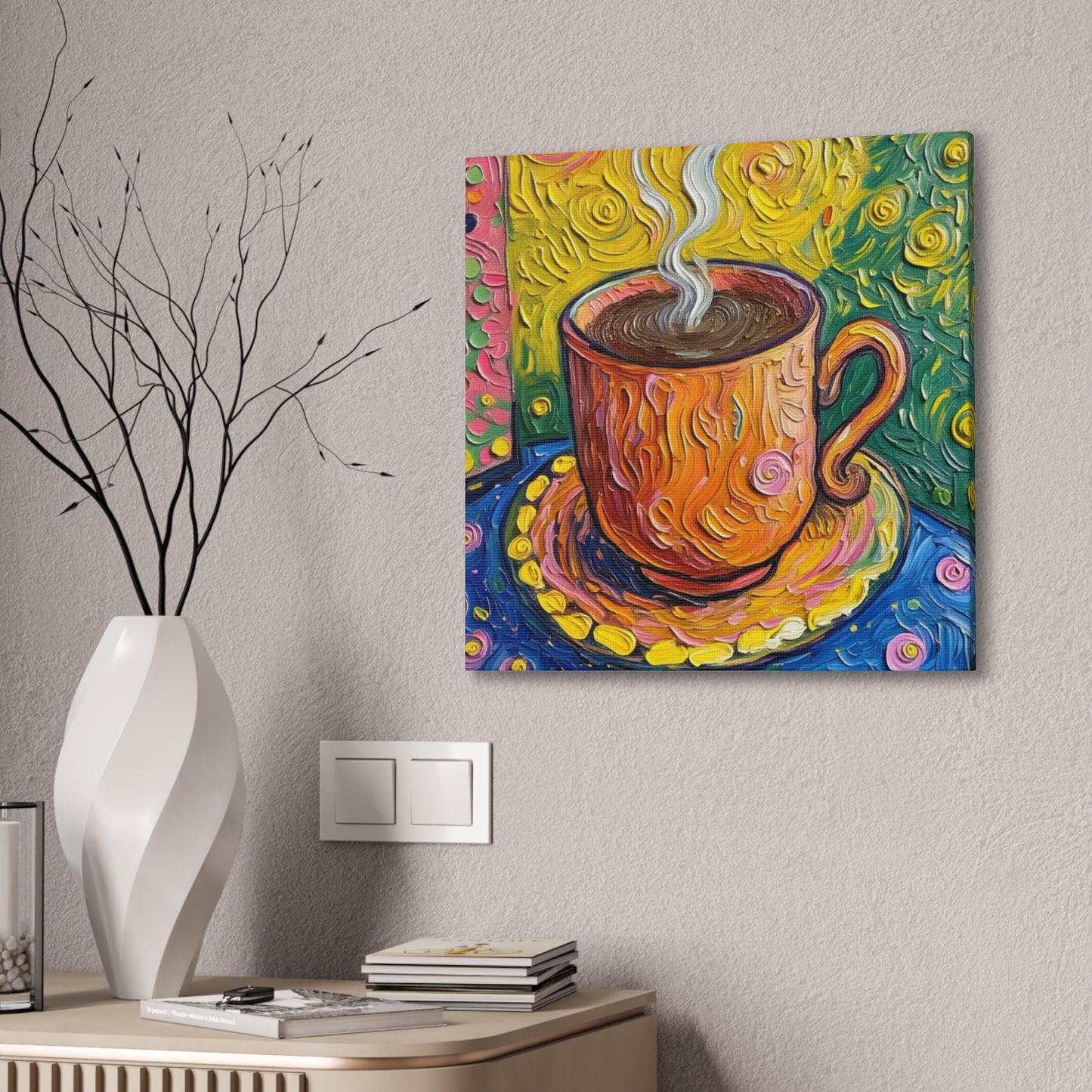 Canvas Wall Art - Colorful Coffee Cup - Artistic Painterly Style - Impasto Design Print - 'Cozy Sips'