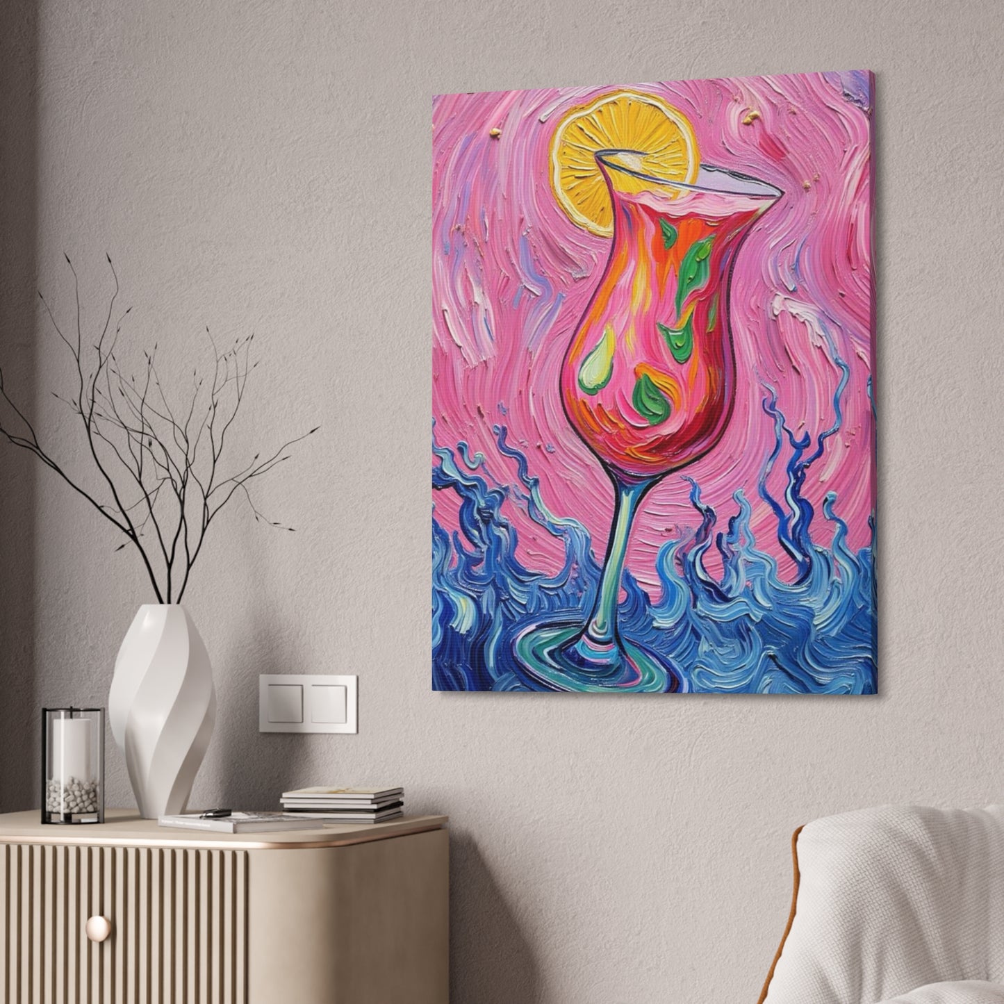 Canvas Wall Art - Vibrant Floating Pink Drink - Tropical Artistic Painterly Design - 'Ocean Splash'