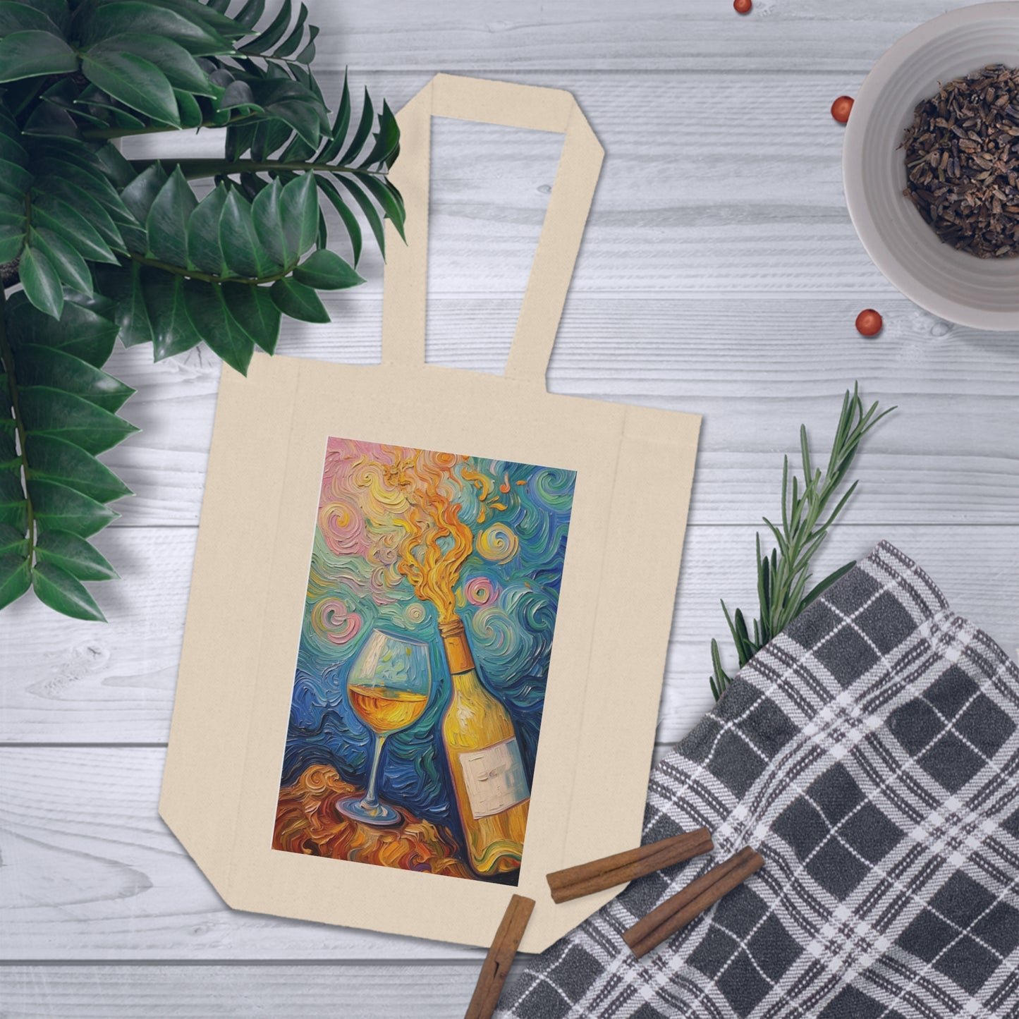 Wine Tote Bag - Colorful Swirl Painterly Bottle & Glass Canvas Wine Carrier