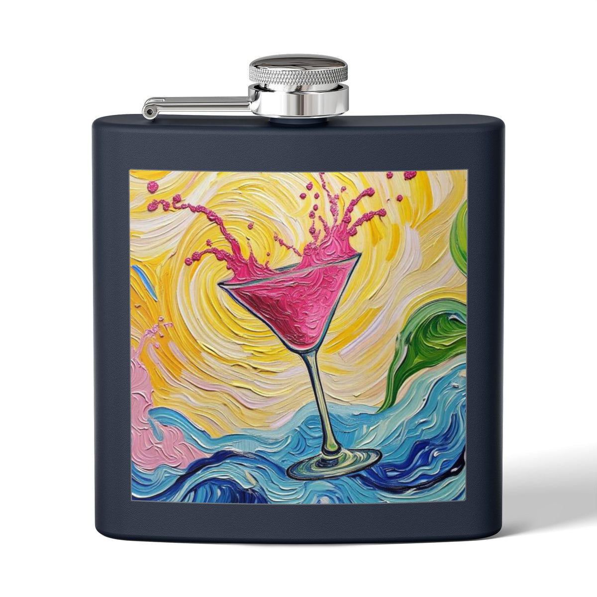 Flask - Stainless Steel 6oz  - Colorful Hot Pink Martini Splash Whimsical Artwork - 'Sway & Sip'