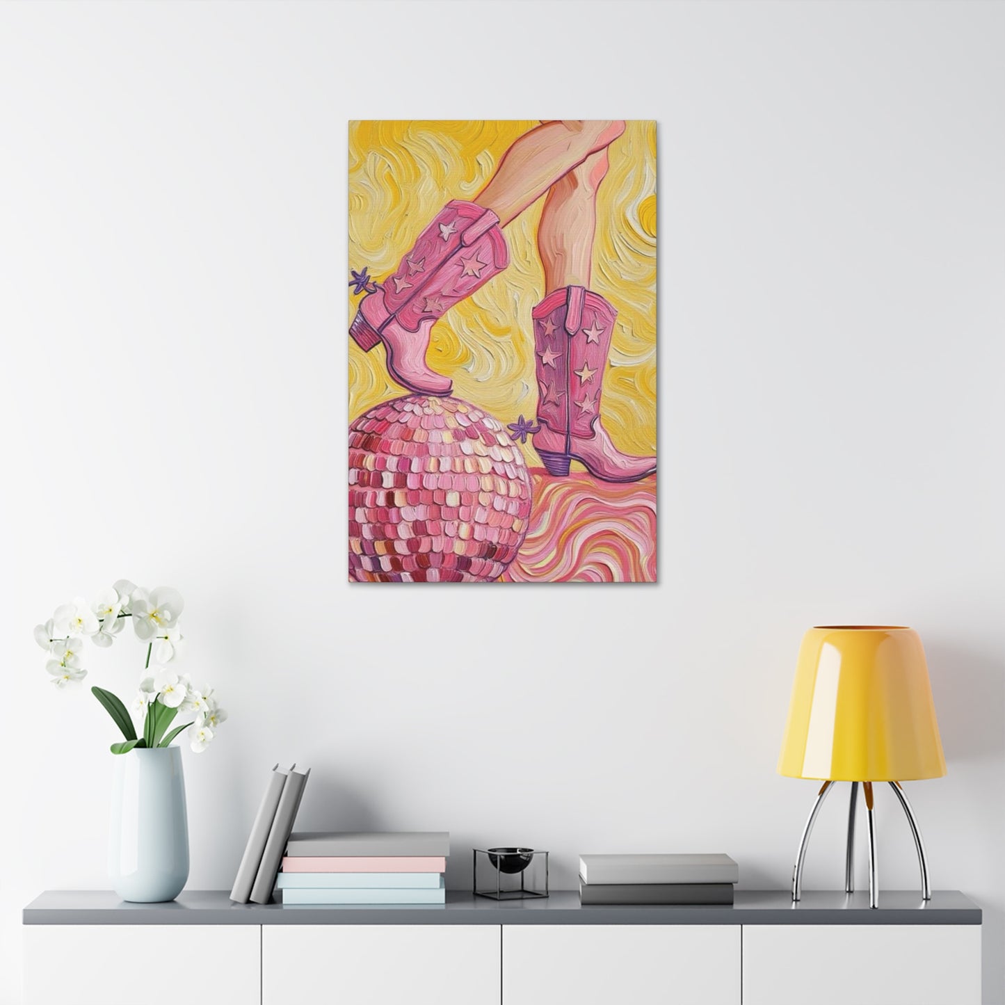 Canvas Wall Art - Pink Cowboy Boots - Disco Ball - Artistic Painterly Style - Impasto Design Print - 'Disco Cowgirl'