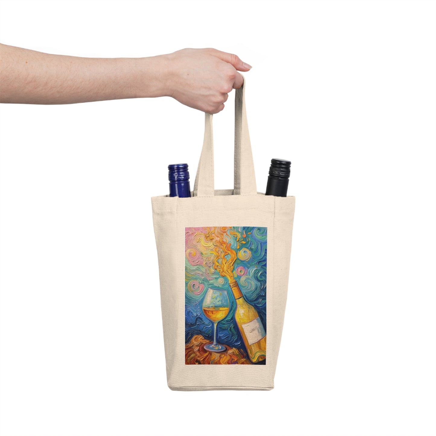 Wine Tote Bag - Colorful Swirl Painterly Bottle & Glass Canvas Wine Carrier