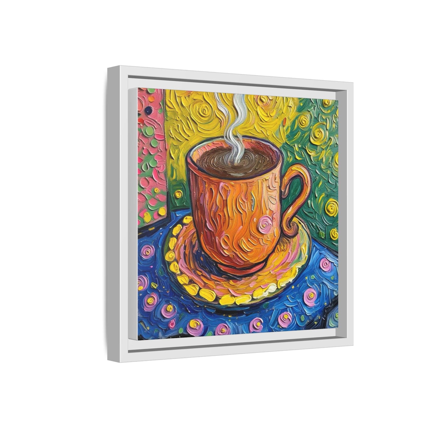 Framed Matte Canvas Art - Colorful Whimsical Coffee Cup Painting