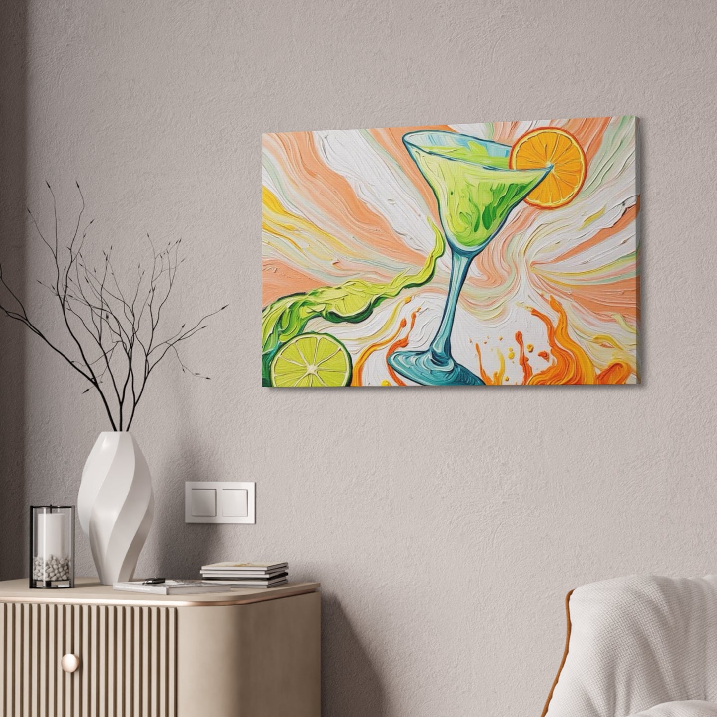 Canvas Wall Art - Orange and Green Refreshing Citrus Cocktail-Splashes of Color - Artistic Painterly Style - Impasto Design Print - 'Lime Light'