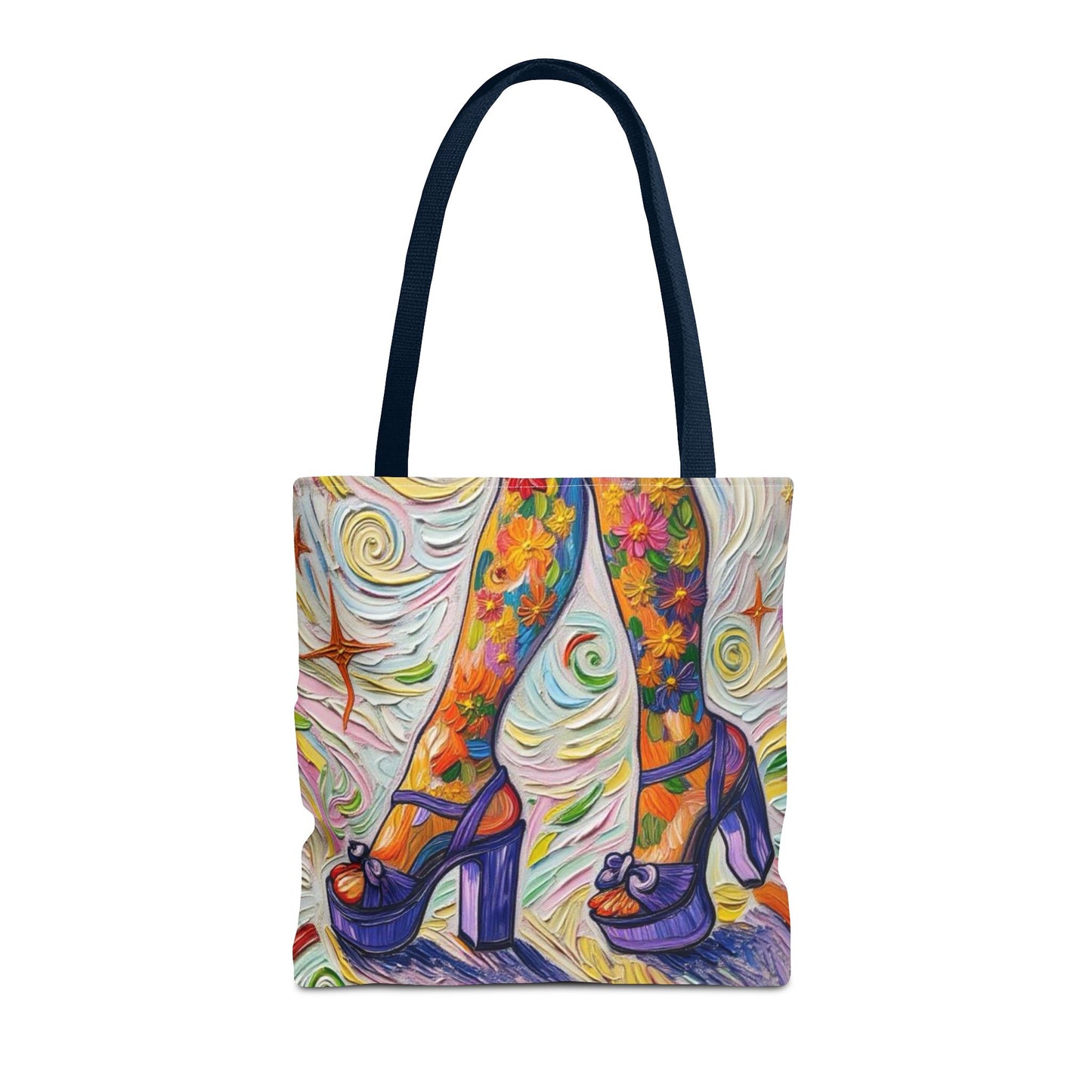 Tote Bag - All-Over Print - Flowered Legs with Purple Platform Shoes - Colorful Artistic Painterly Style - 'Saturday Sparkle'