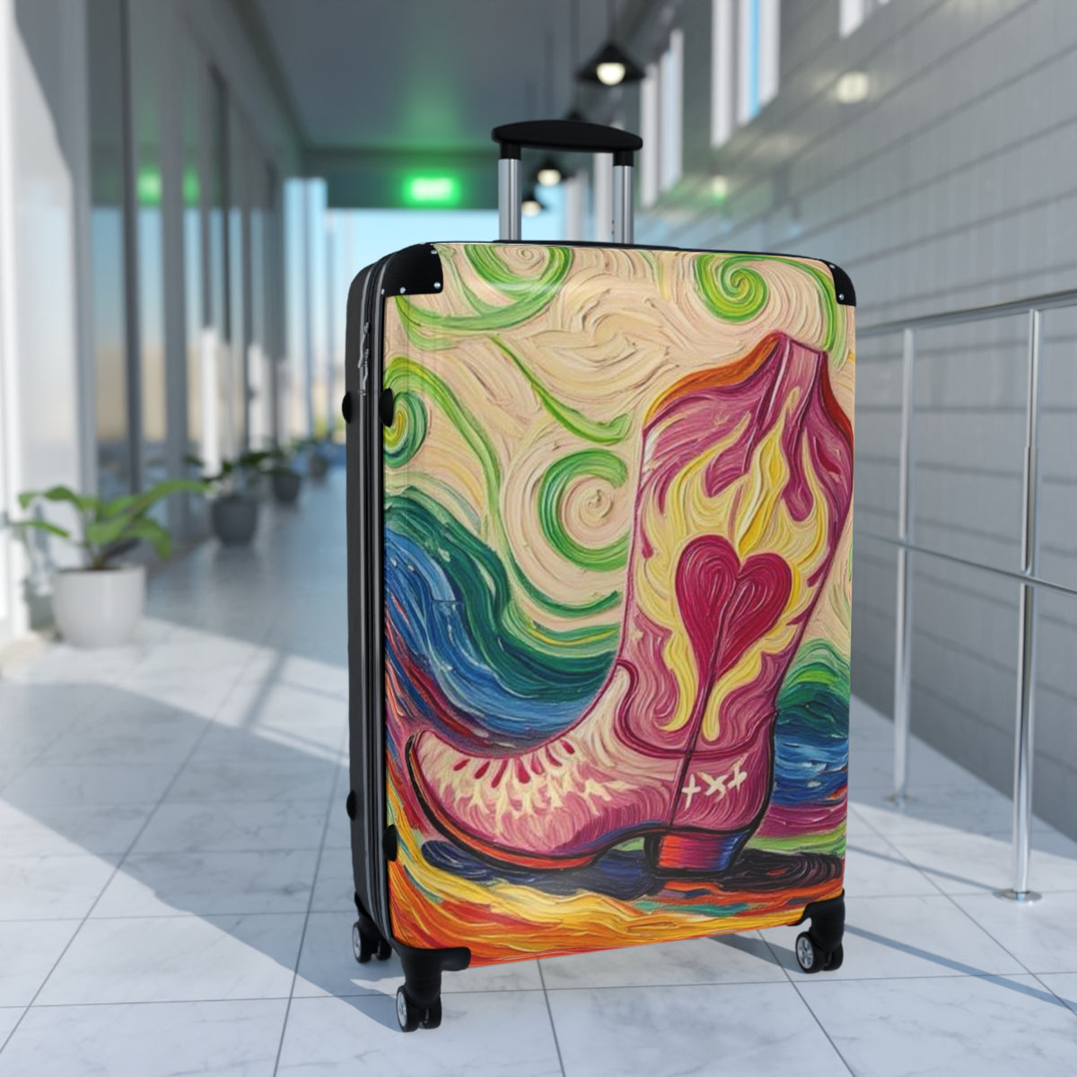 Luggage - Suitcases - Carry-on - Pink Heart Cowgirl Boot Painterly Style Artistic Rolling Suitcase - 'Kick'n up Dust'