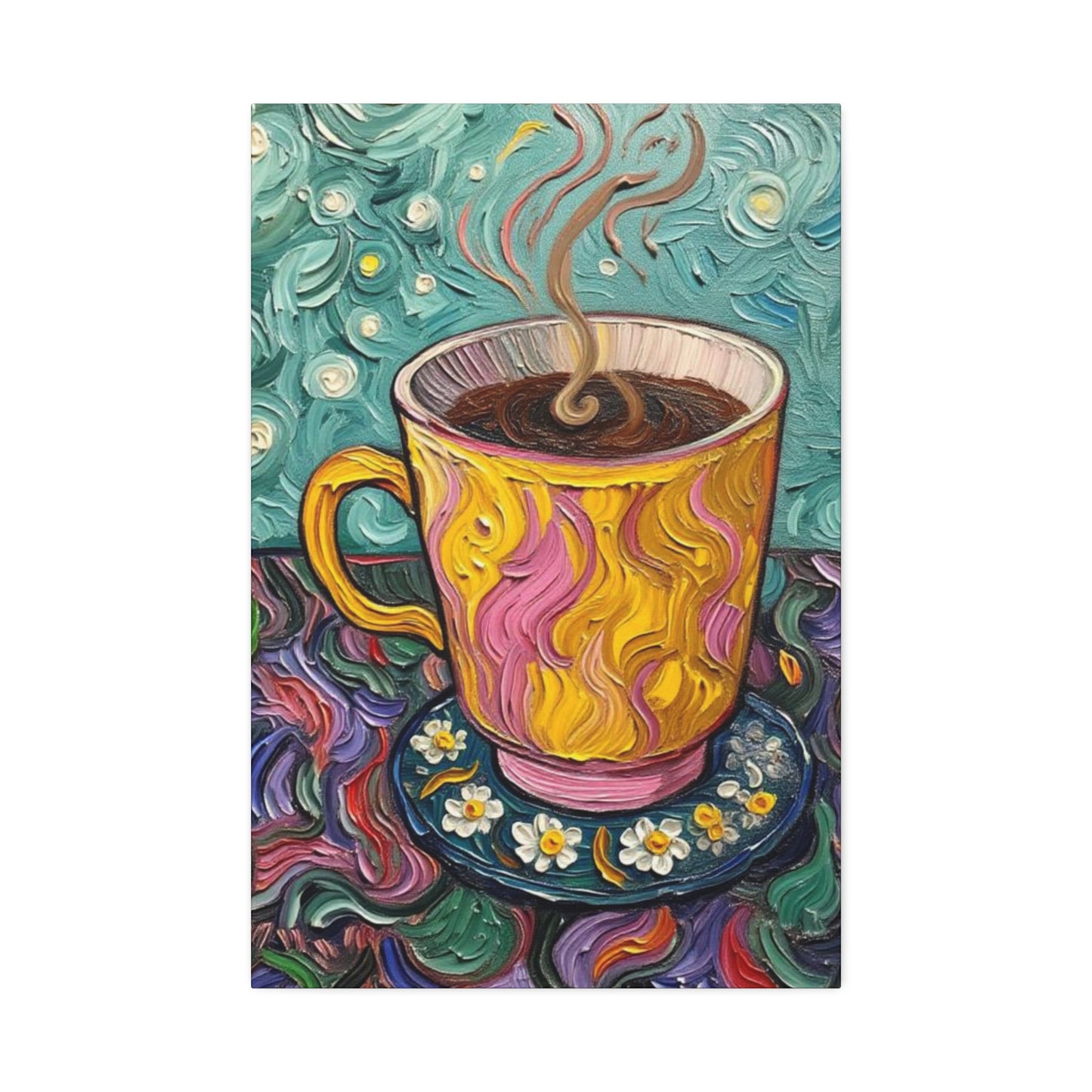 Coffee Cup Canvas Wall Art – Colorful Textured Painting of Steaming Mug