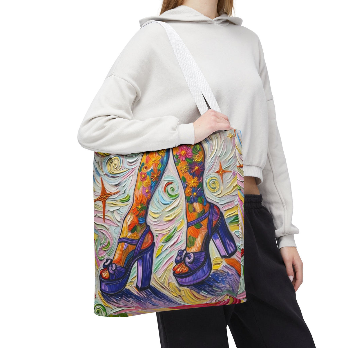 Tote Bag - All-Over Print - Flowered Legs with Purple Platform Shoes - Colorful Artistic Painterly Style - 'Saturday Sparkle'