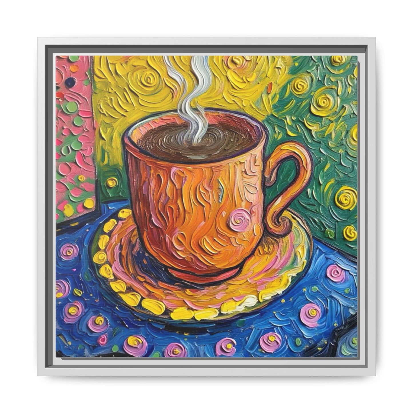 Framed Matte Canvas Art - Colorful Whimsical Coffee Cup Painting