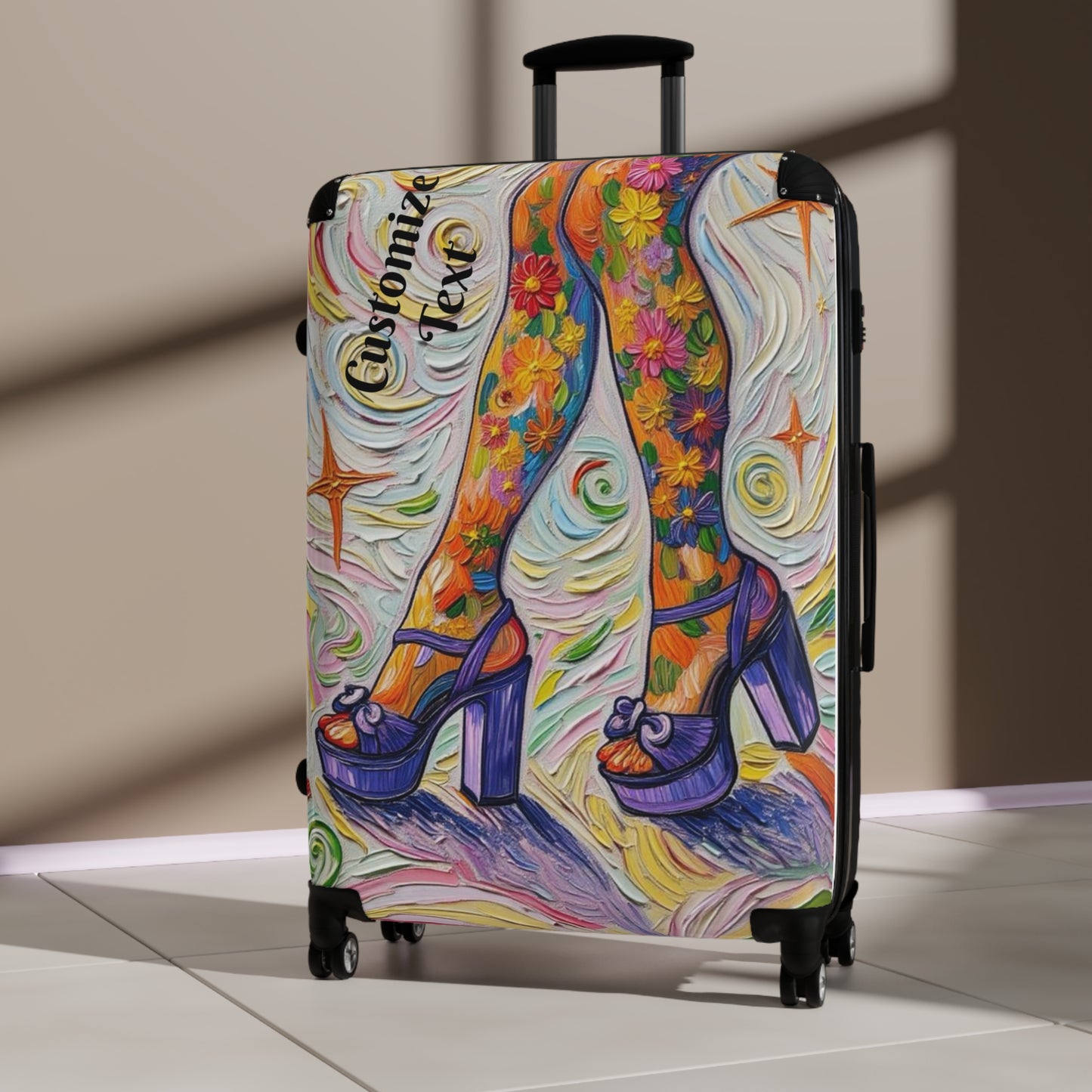 Luggage - Suitcases - Carry-on - Purple Platform Shoes Flowered Legs - Painterly Style Artistic Rolling Suitcase - 'Saturday Sparkle'