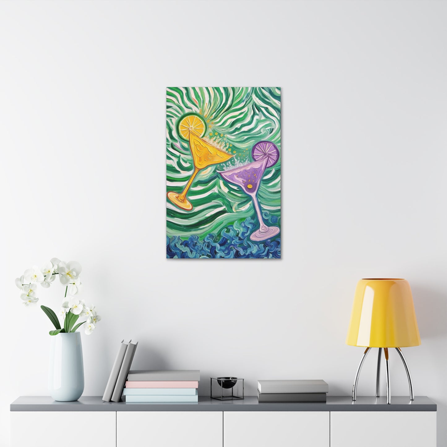 Canvas Wall Art - Yellow and Purple floating Cocktails - Artistic Painterly Style - Impasto Design Print - 'Green Rush'
