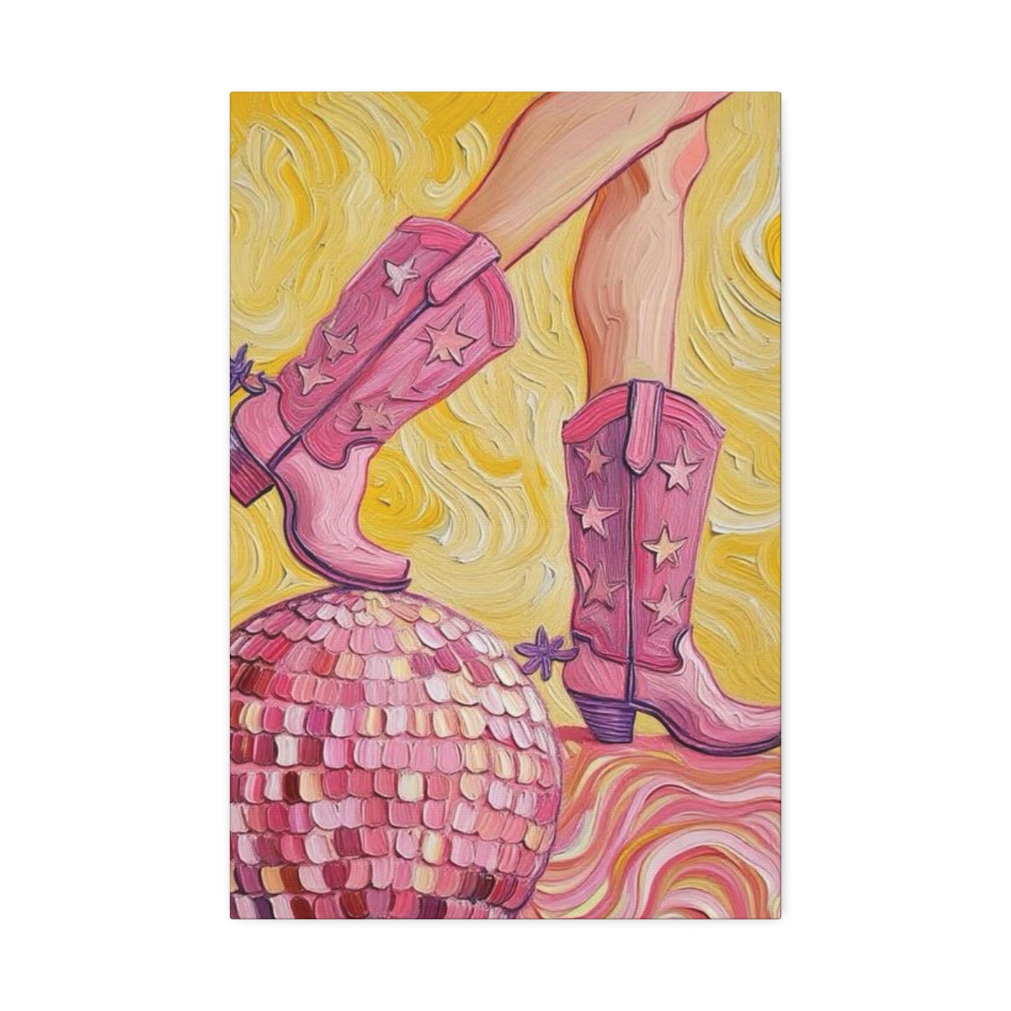 Canvas Wall Art - Pink Cowboy Boots - Disco Ball - Artistic Painterly Style - Impasto Design Print - 'Disco Cowgirl'