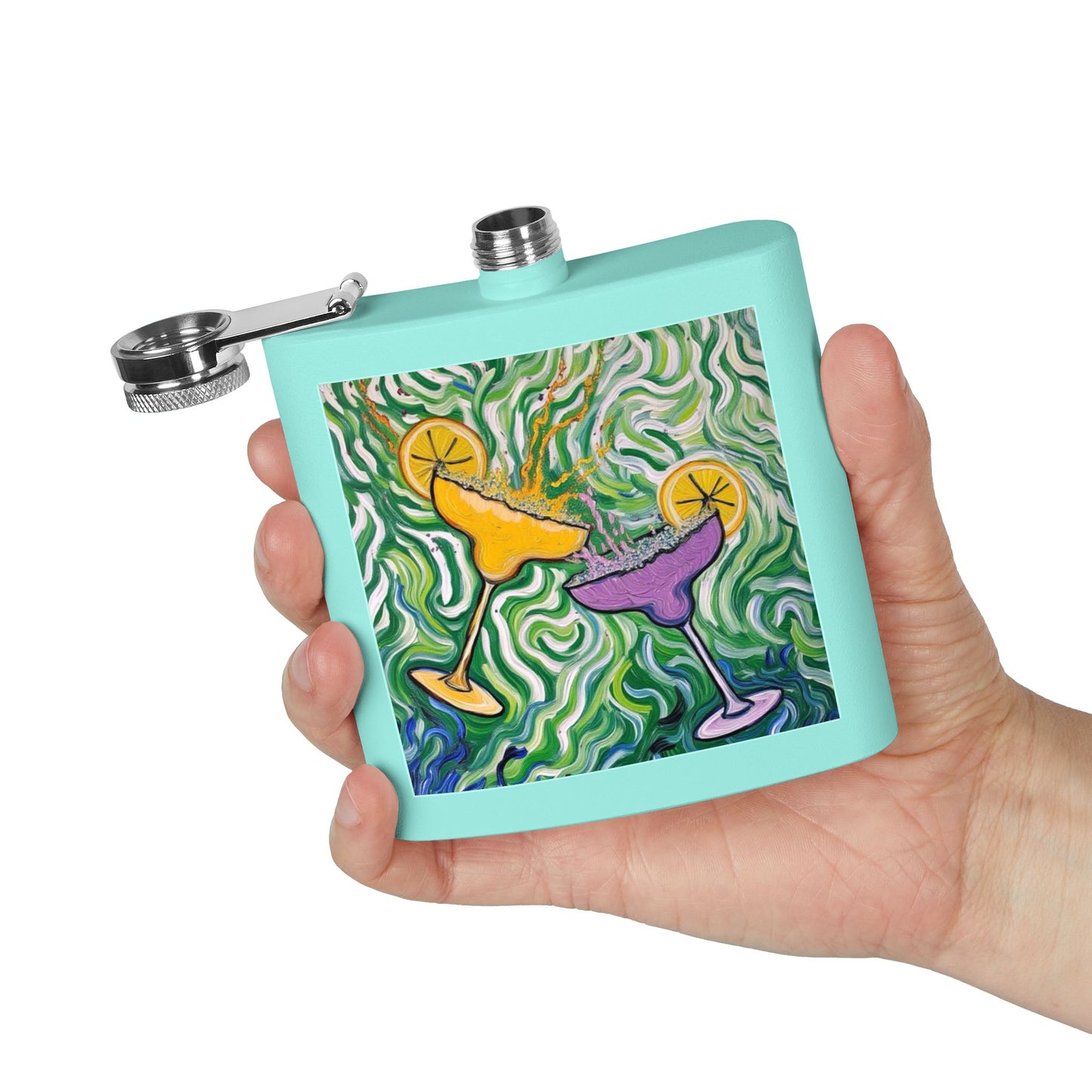Flask - Stainless Steel 6oz - Colorful Cocktail Splash - Whimsical Artwork - 'Cheers to the Good Life'