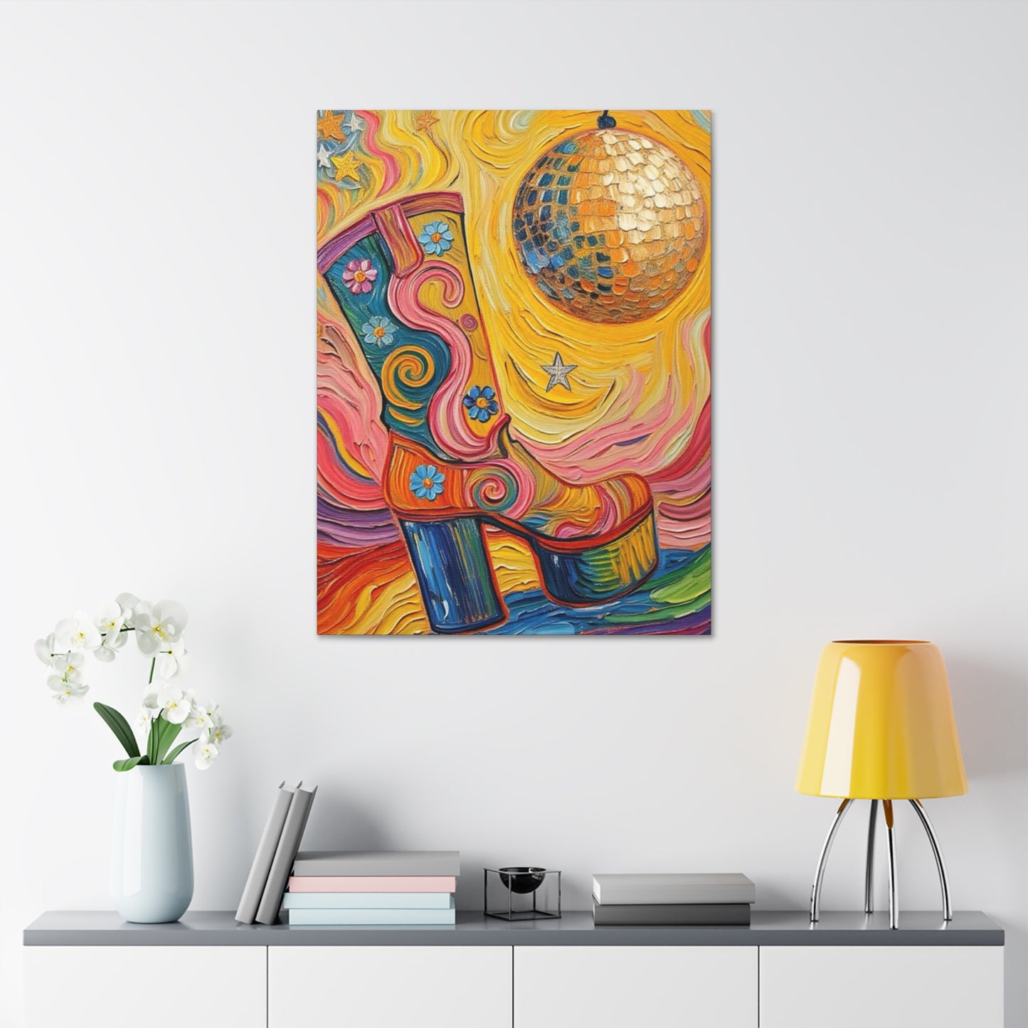 Canvas Wall Art - Colorful Retro Disco High Heel Platform Boot - Painterly Style Design - ' Boogie Nights'