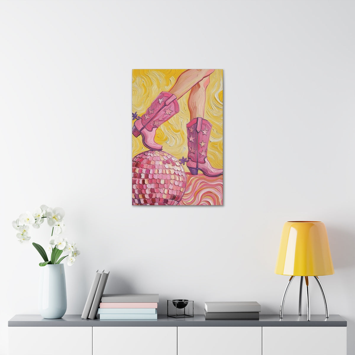 Canvas Wall Art - Pink Cowboy Boots - Disco Ball - Artistic Painterly Style - Impasto Design Print - 'Disco Cowgirl'