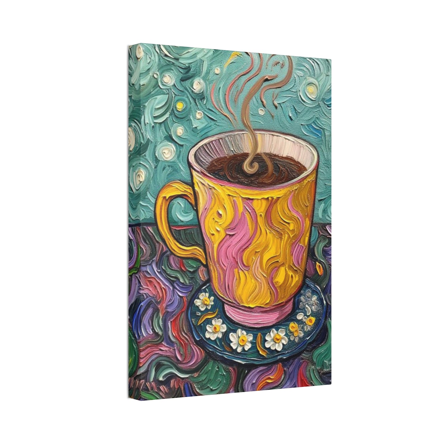Coffee Cup Canvas Wall Art – Colorful Textured Painting of Steaming Mug