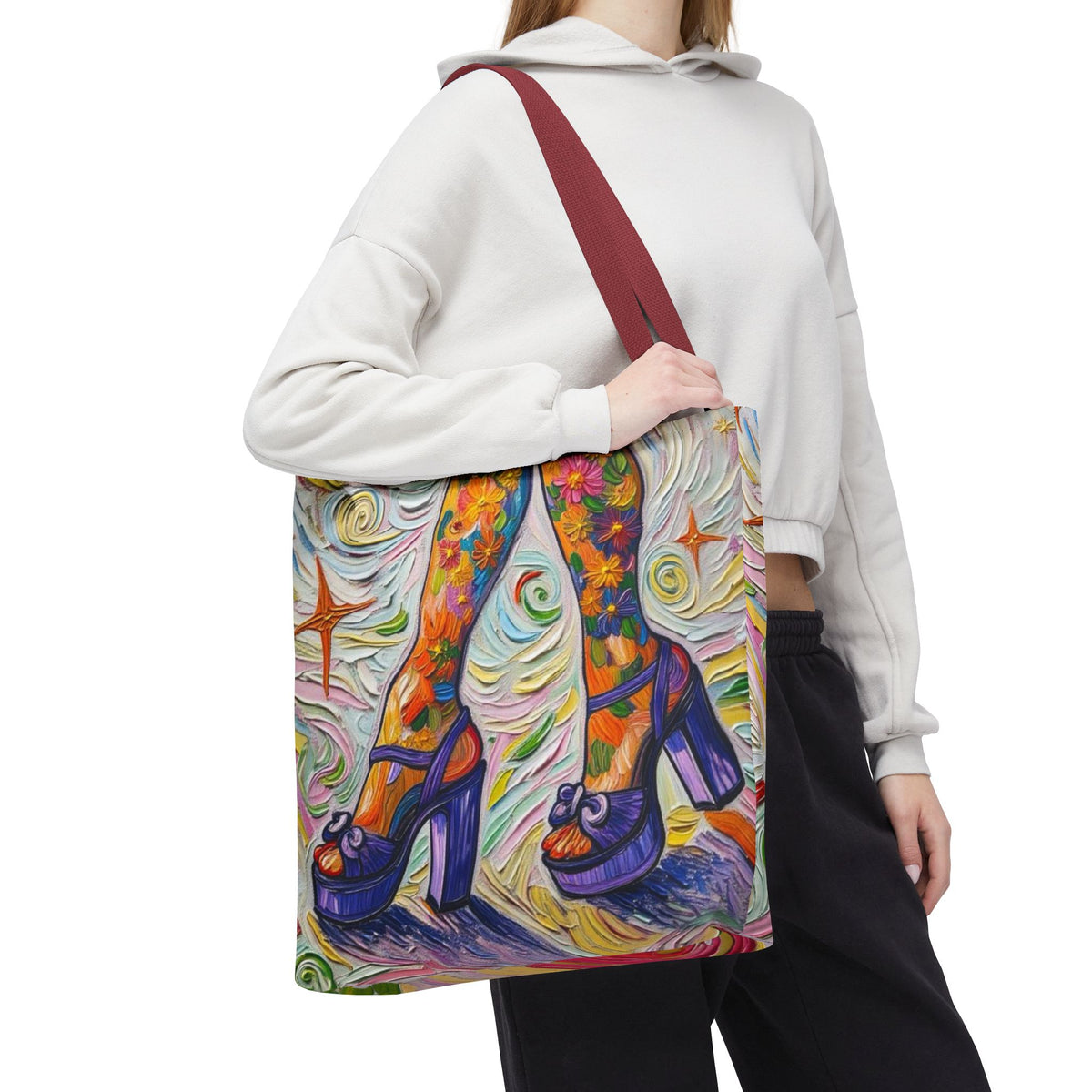 Tote Bag - All-Over Print - Flowered Legs with Purple Platform Shoes - Colorful Artistic Painterly Style - 'Saturday Sparkle'