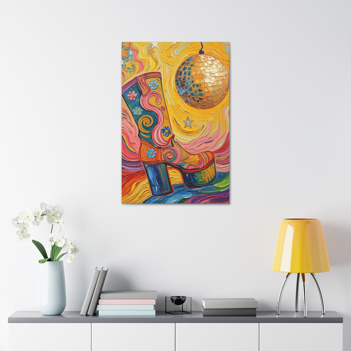 Canvas Wall Art - Colorful Retro Disco High Heel Platform Boot - Painterly Style Design - ' Boogie Nights'