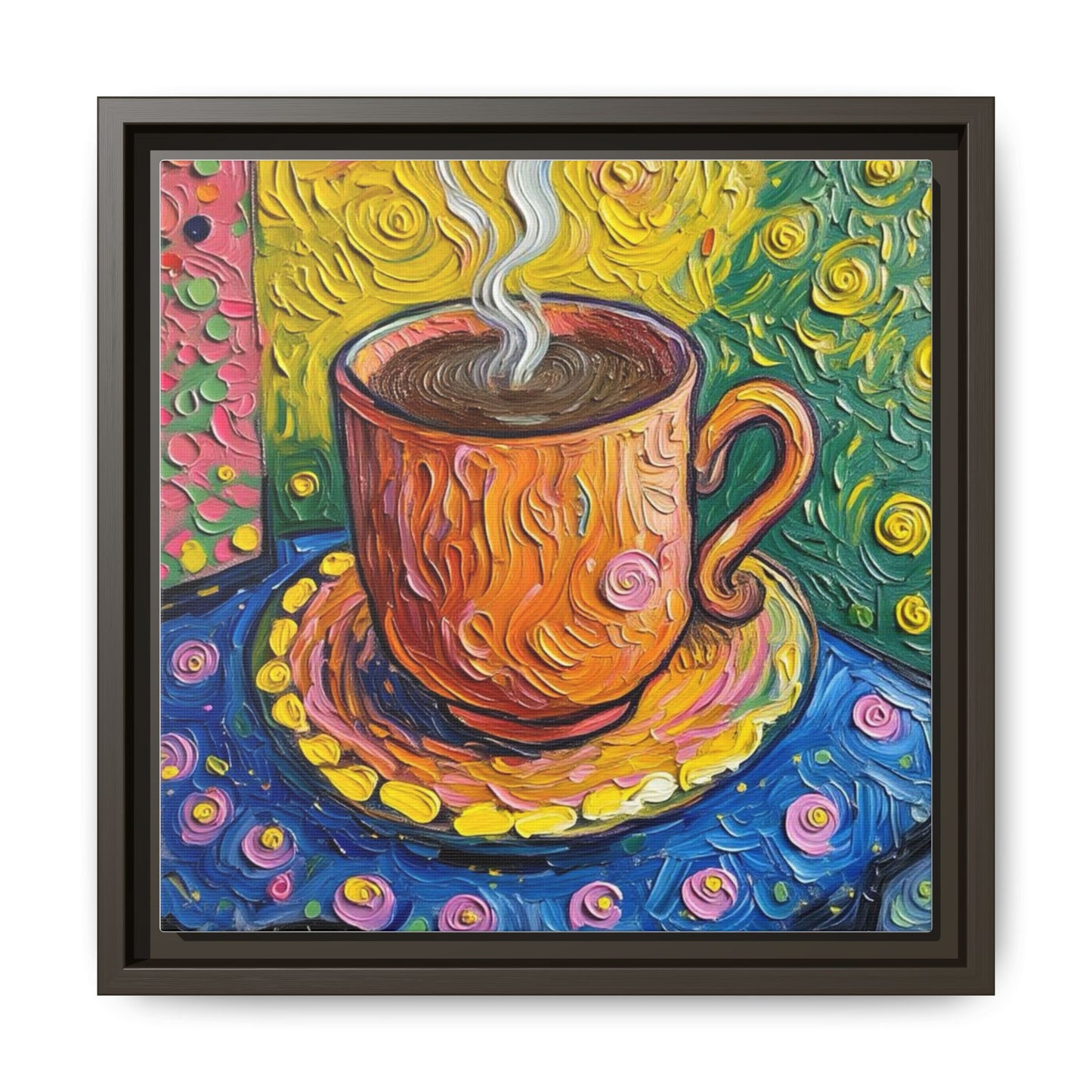 Framed Matte Canvas Art - Colorful Whimsical Coffee Cup Painting
