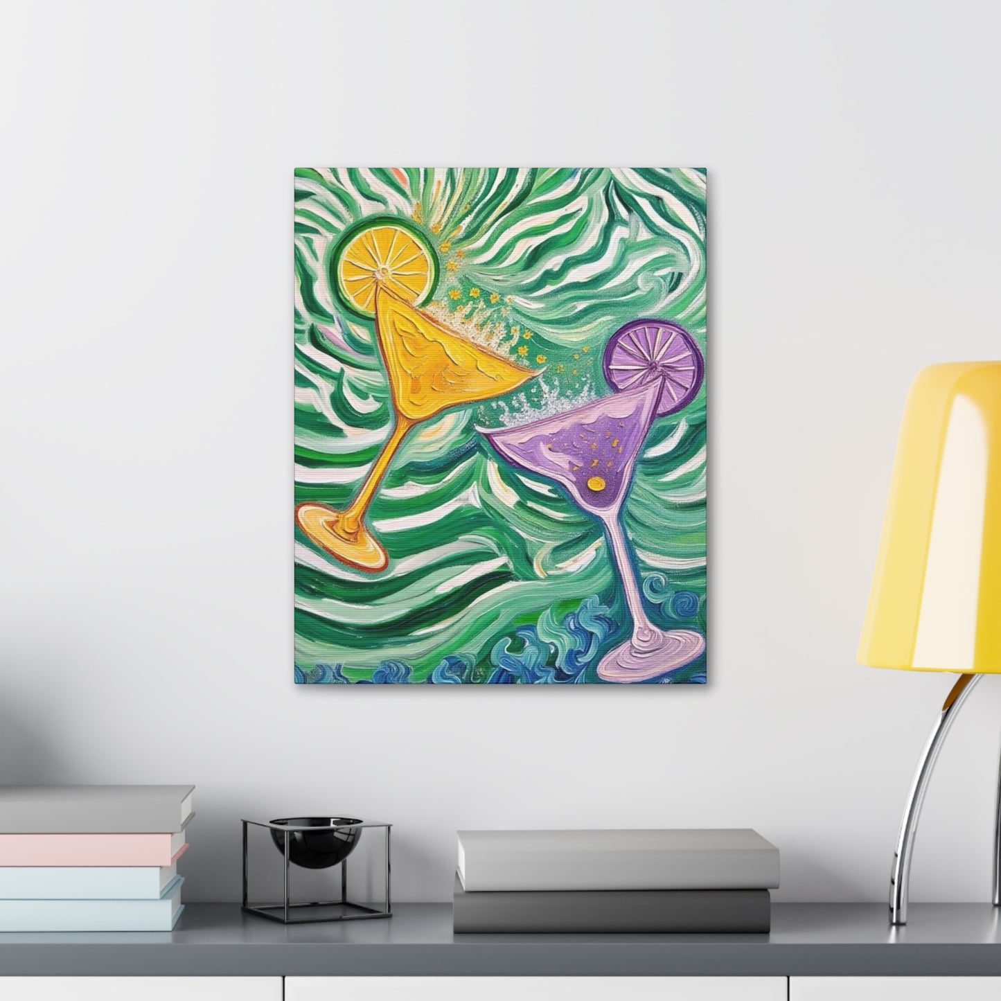 Canvas Wall Art - Yellow and Purple floating Cocktails - Artistic Painterly Style - Impasto Design Print - 'Green Rush'