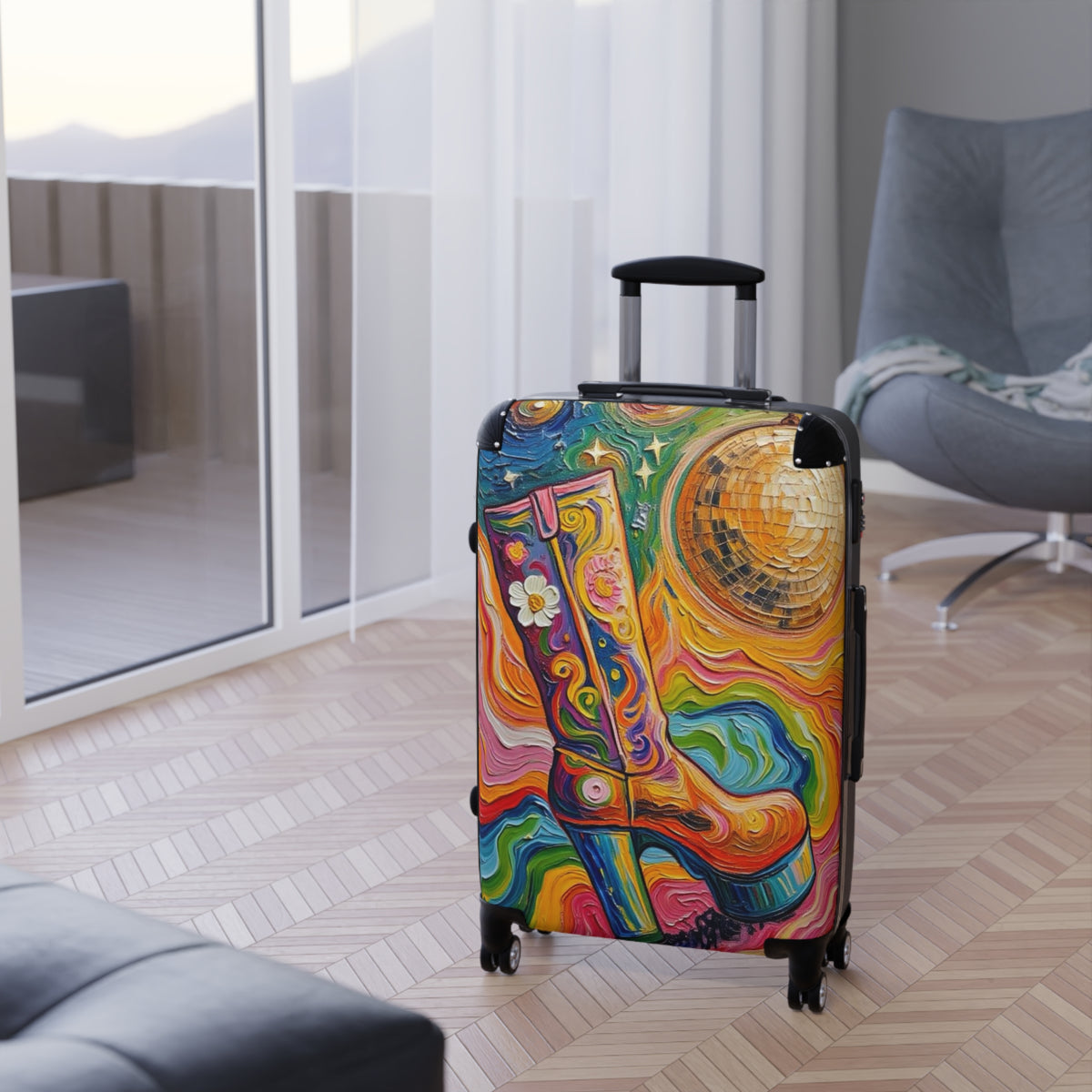 Luggage - Suitcases - Carry-on - Psychedelic Disco Platform Boot - Painterly Style Artistic Rolling Suitcase - 'Golden Groove''