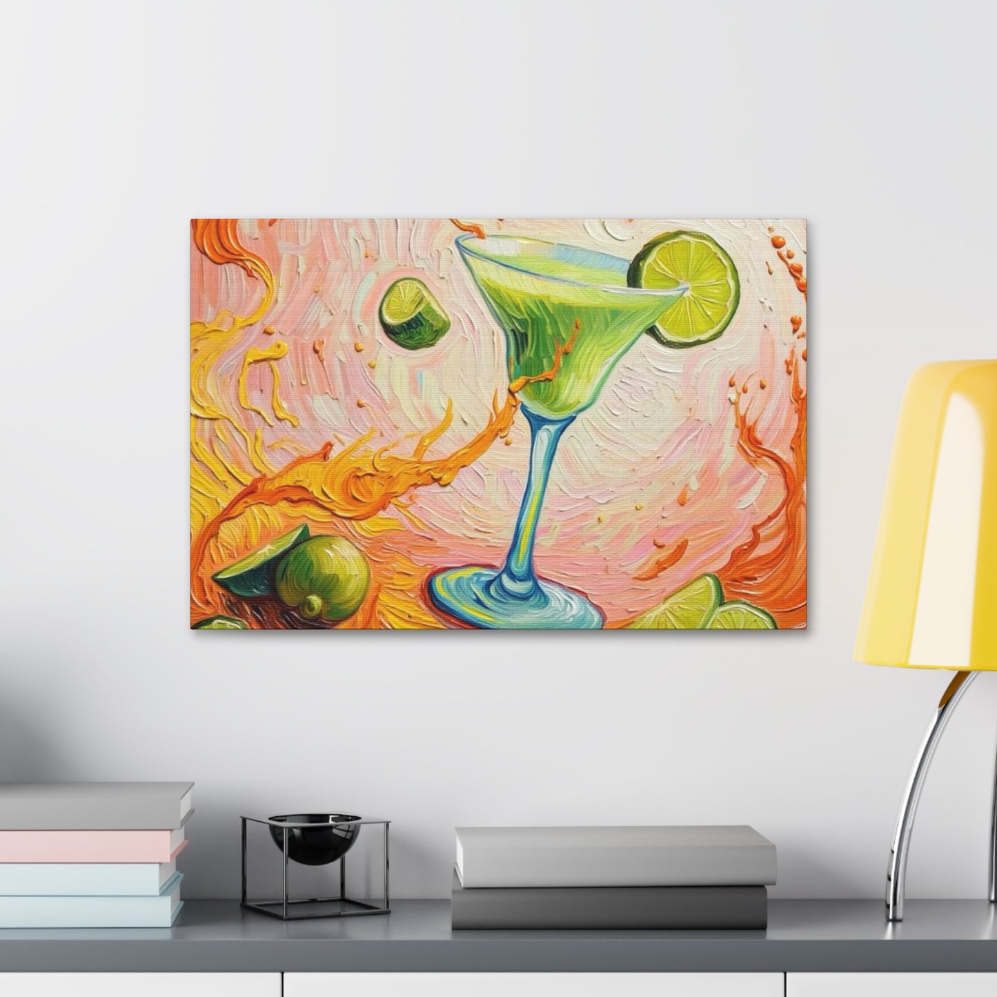 Canvas Wall Art - Green Refreshing Citrus Drink -Splashes of Orange - Artistic Painterly Style - Impasto Design Print - 'Citrus Splash'