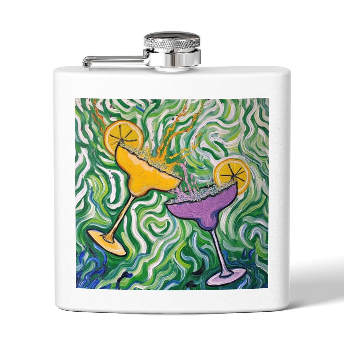 Flask - Stainless Steel 6oz - Colorful Cocktail Splash - Whimsical Artwork - 'Cheers to the Good Life'