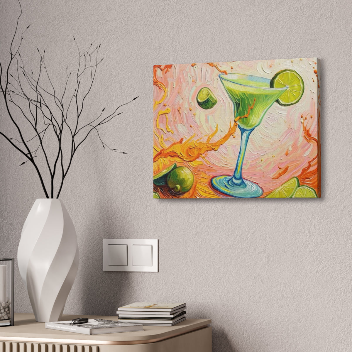 Canvas Wall Art - Green Refreshing Citrus Drink -Splashes of Orange - Artistic Painterly Style - Impasto Design Print - 'Citrus Splash'