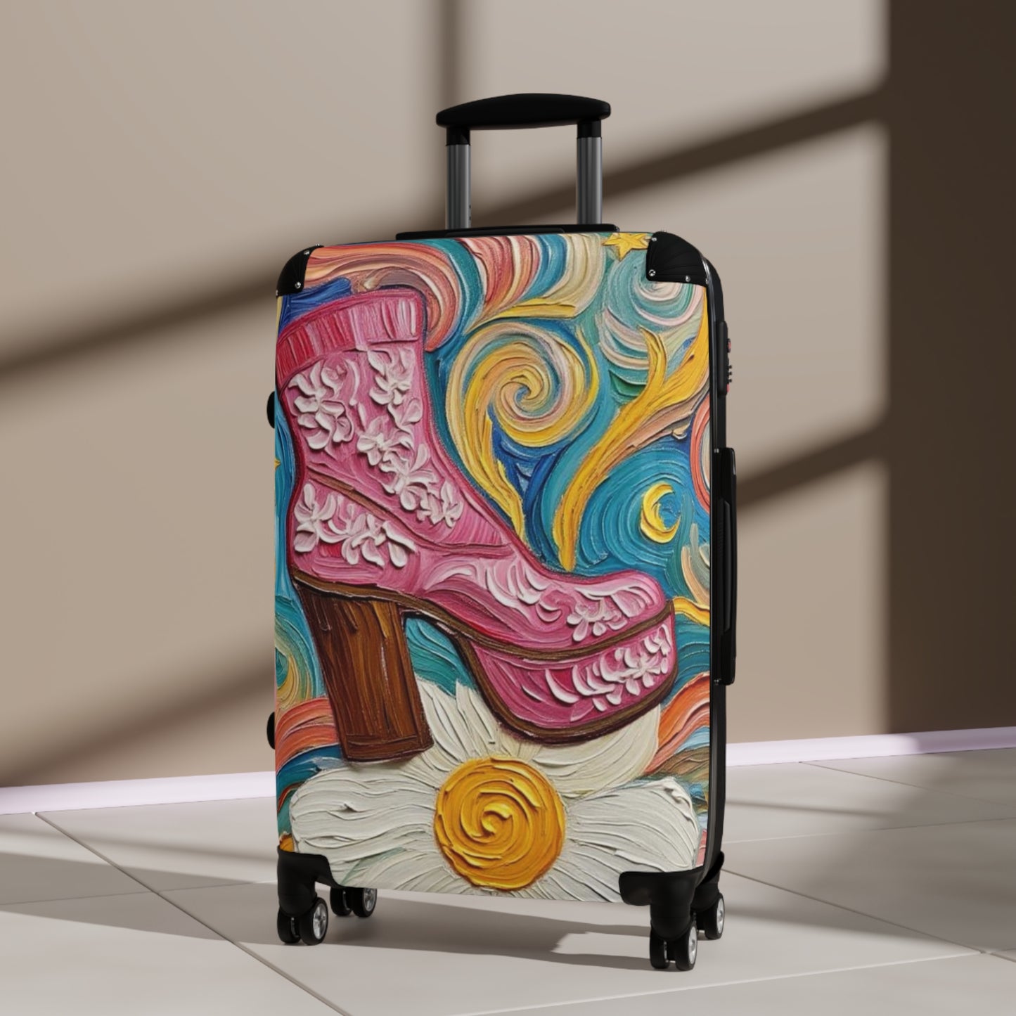 Luggage - Suitcases - Carry-on - Pink Platform Boot - Artistic Rolling Suitcase Painterly Style Artistic Rolling Suitcase - 'Dancin' on a Daisy