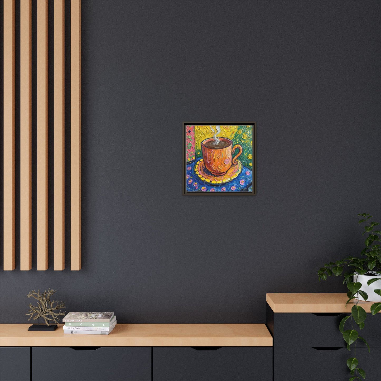 Framed Matte Canvas Art - Colorful Whimsical Coffee Cup Painting
