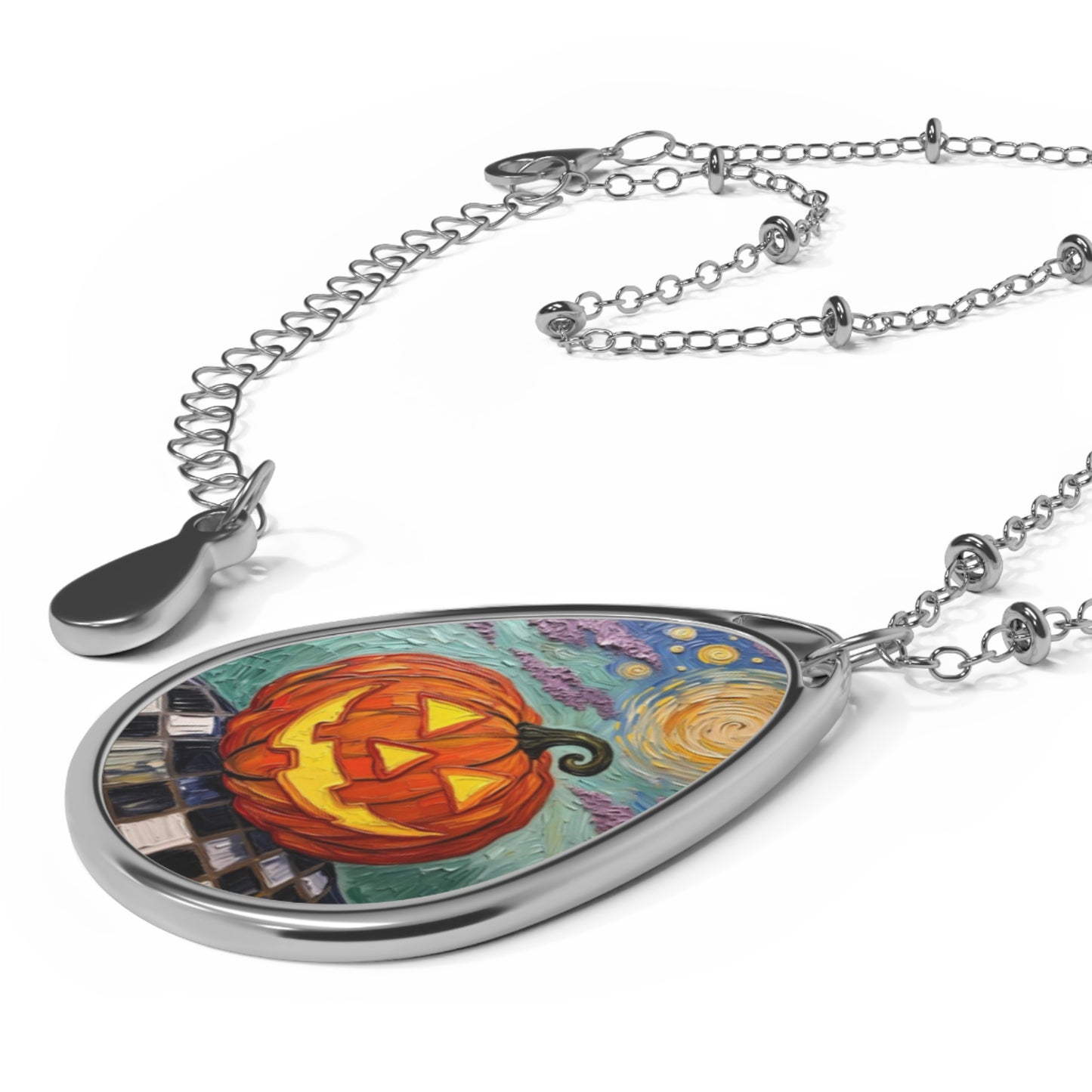 Halloween Pumpkin Oval Necklace - Artistic Jack-O'-Lantern Teardrop Artistic Pendant- 'Jack Under the Stars'