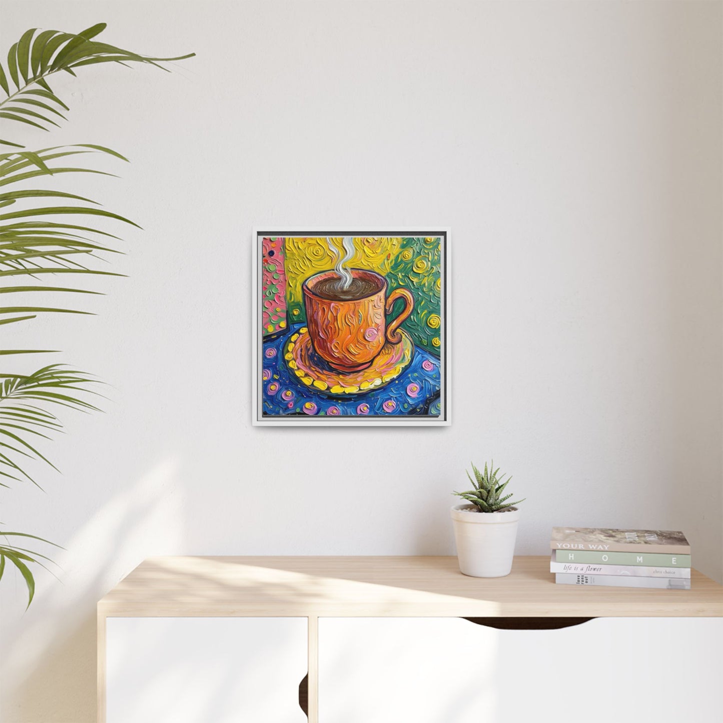Framed Matte Canvas Art - Colorful Whimsical Coffee Cup Painting