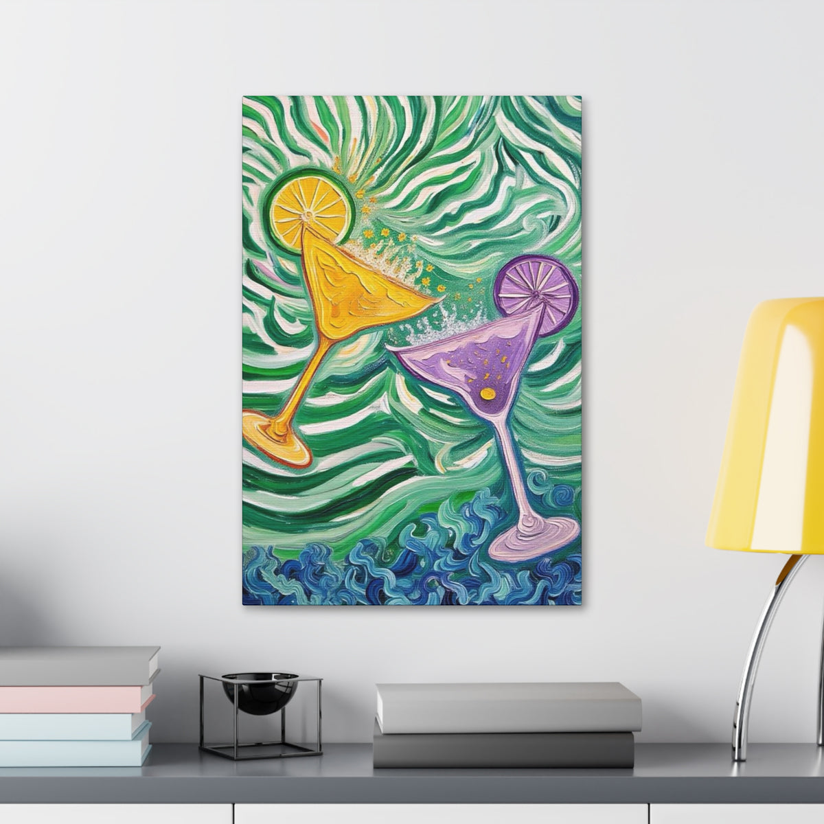 Canvas Wall Art - Yellow and Purple floating Cocktails - Artistic Painterly Style - Impasto Design Print - 'Green Rush'